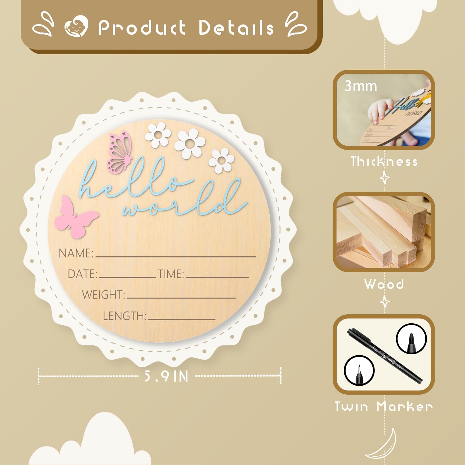LZC LADYS GIFT birth announcement sign and pen, a keepsake for recording details.