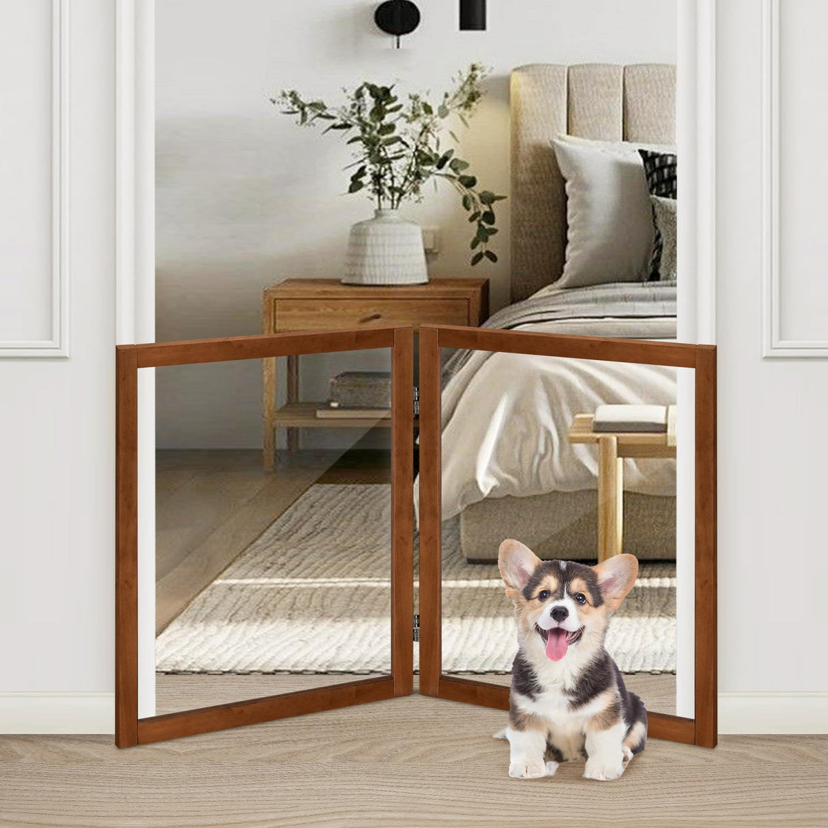 LZRS clear dog gate in cherry finish maintains visibility while pets roam safely.