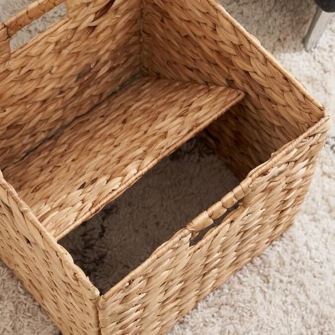 M4DECOR 12x12 basket on shelf shows integrated handles for easy pull