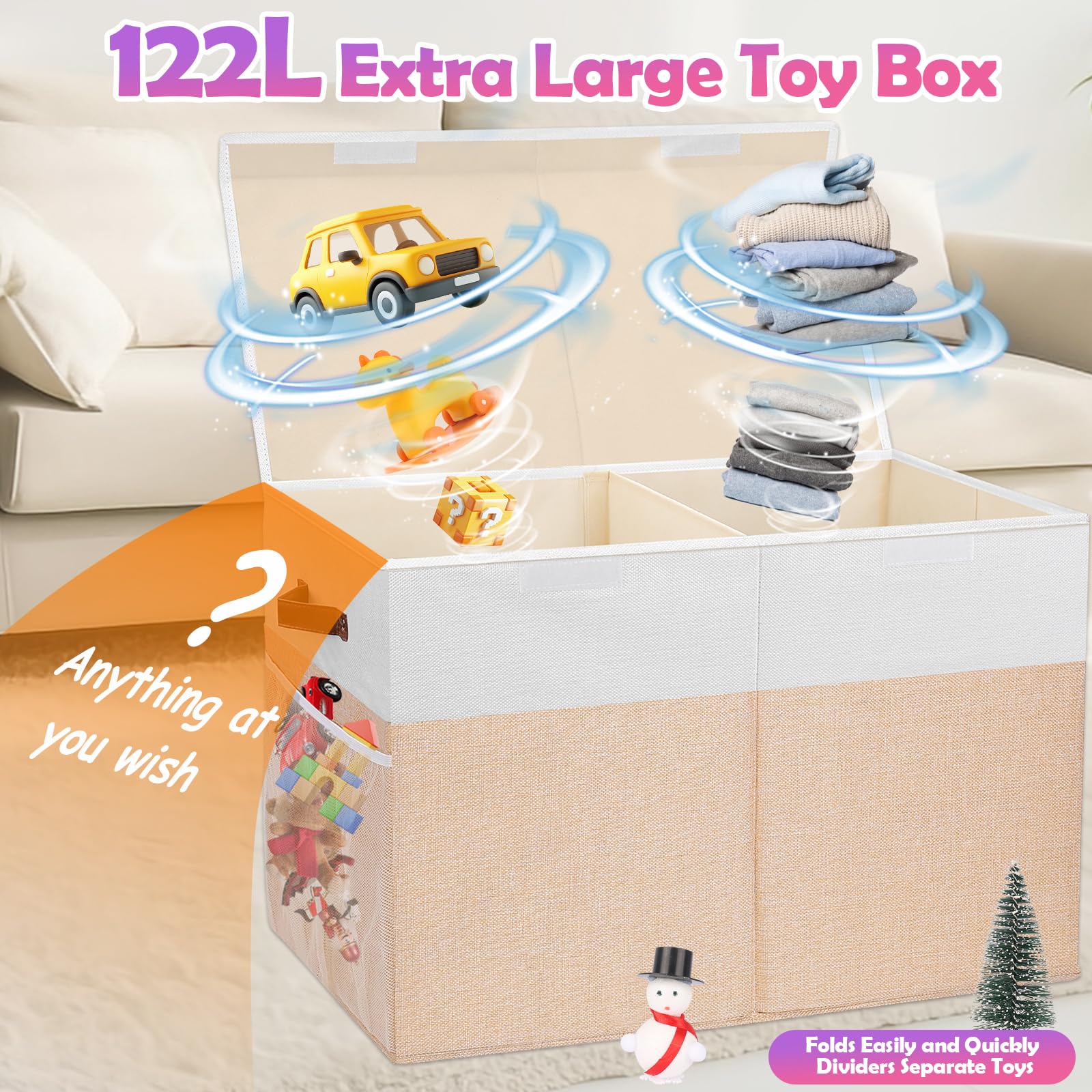 Mabahoo collapsible toy chest with divider, keeps toys organized and accessible.