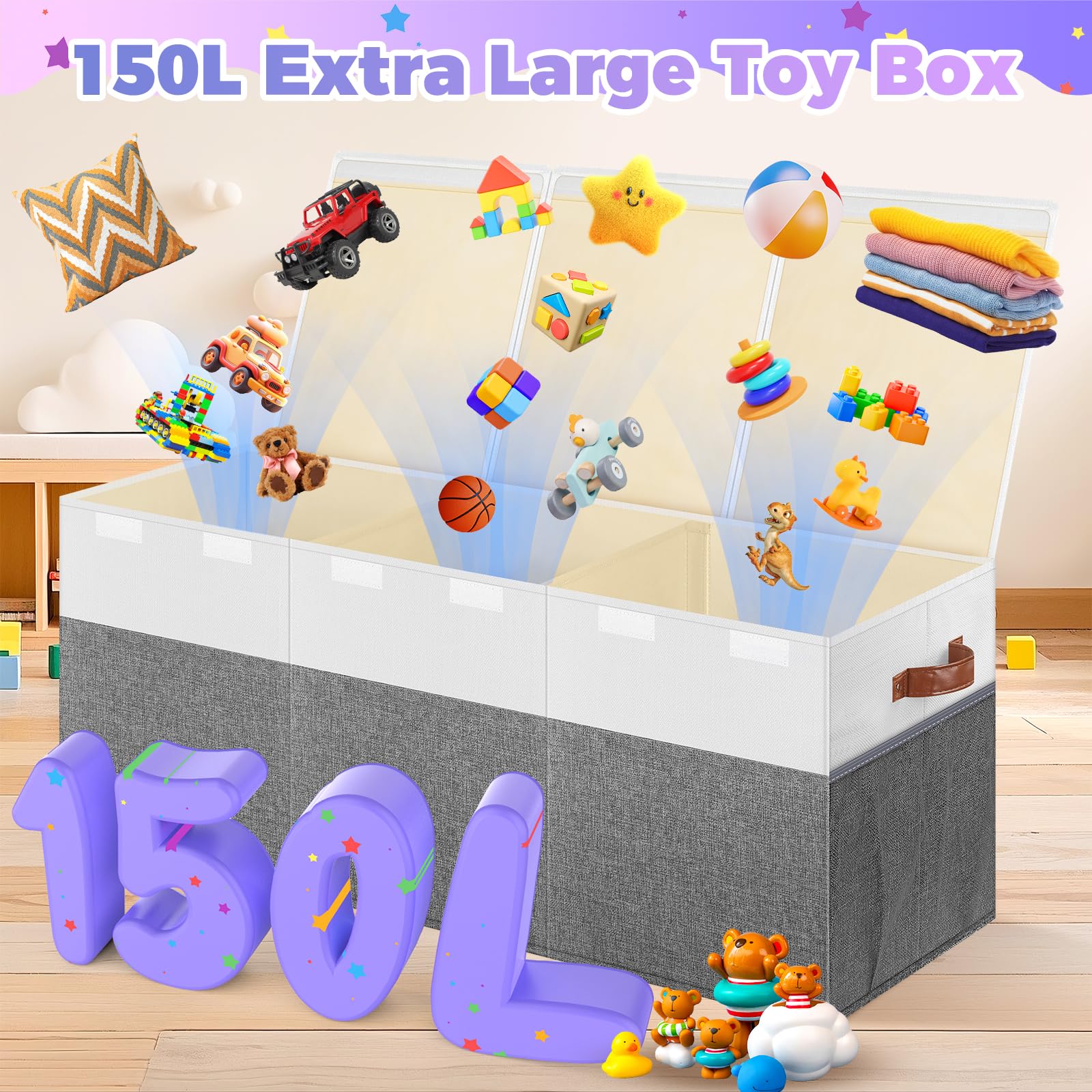 Collapsible Mabahoo toy box showing bottom boards for sturdy support