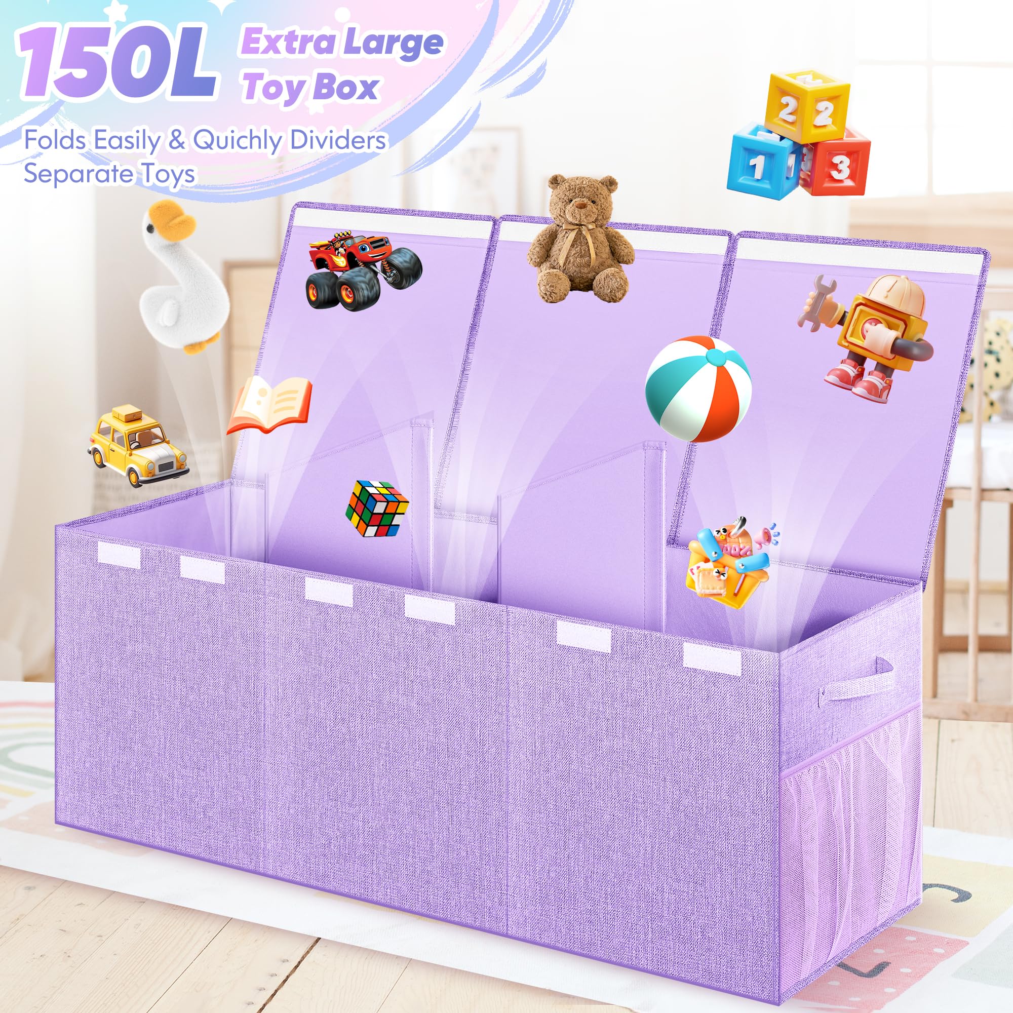 Mabahoo toy box collapsed with lid open showing large interior capacity