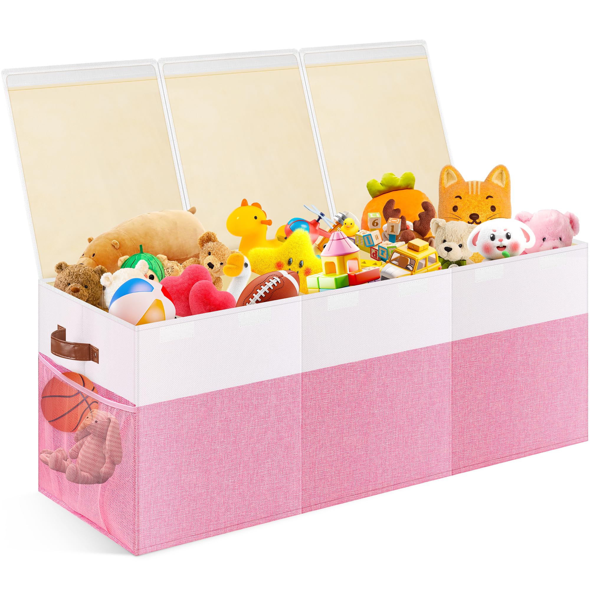 Mabahoo extra-large toy chest with pink lid showing generous 150L capacity for plush toys.