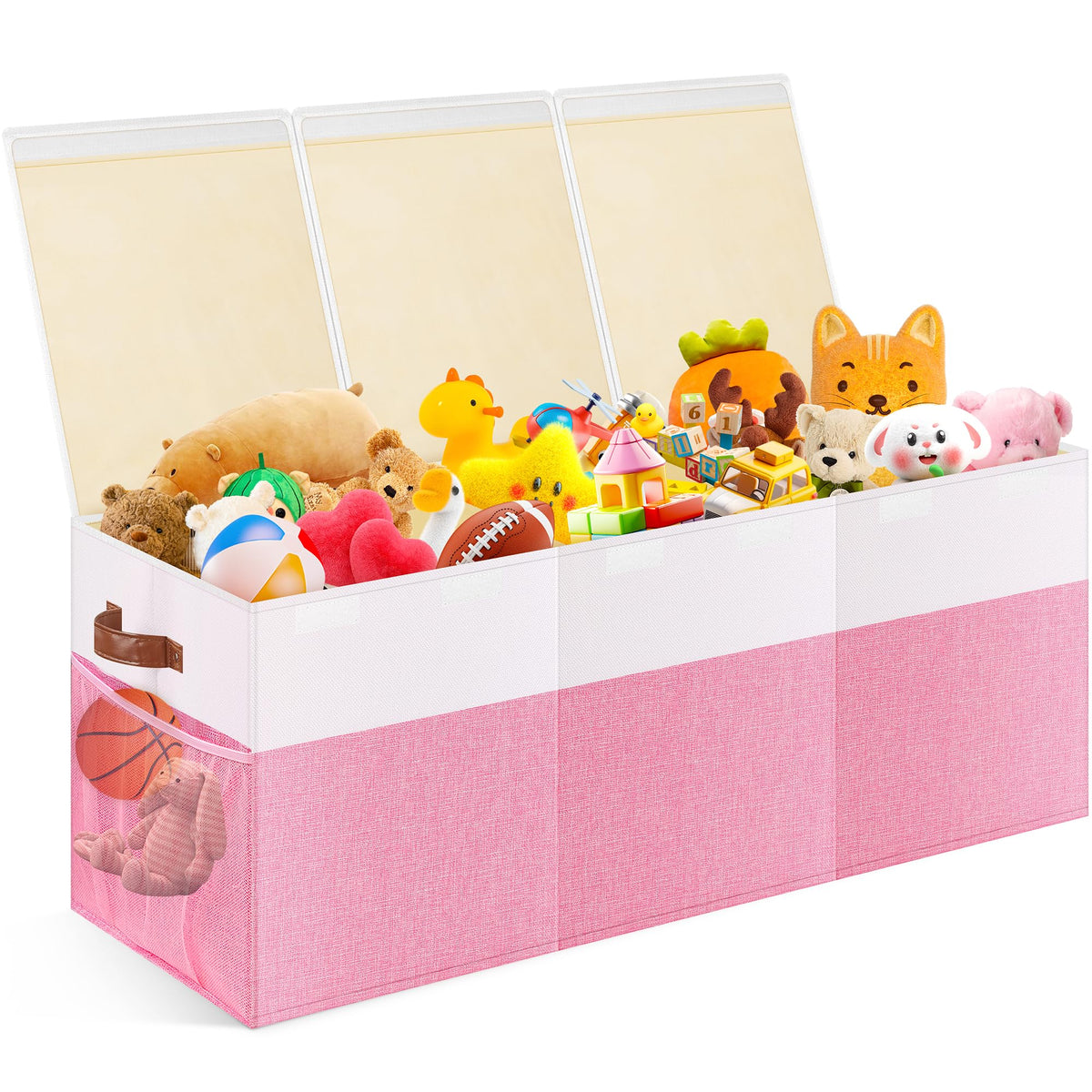 Mabahoo extra-large toy chest with pink lid showing generous 150L capacity for plush toys.