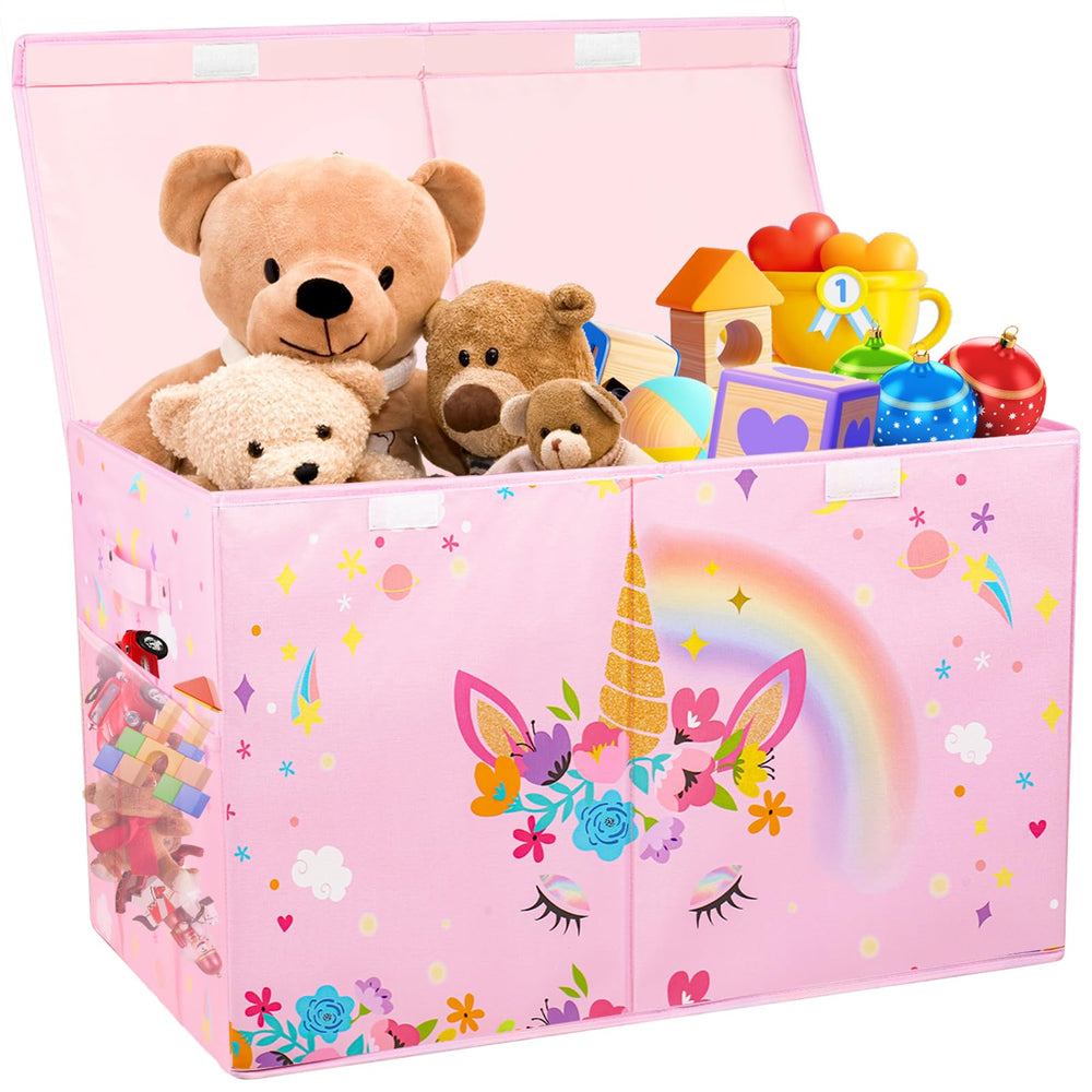 Mabahoo large toy box with lid keeps plush toys organized in living room.
