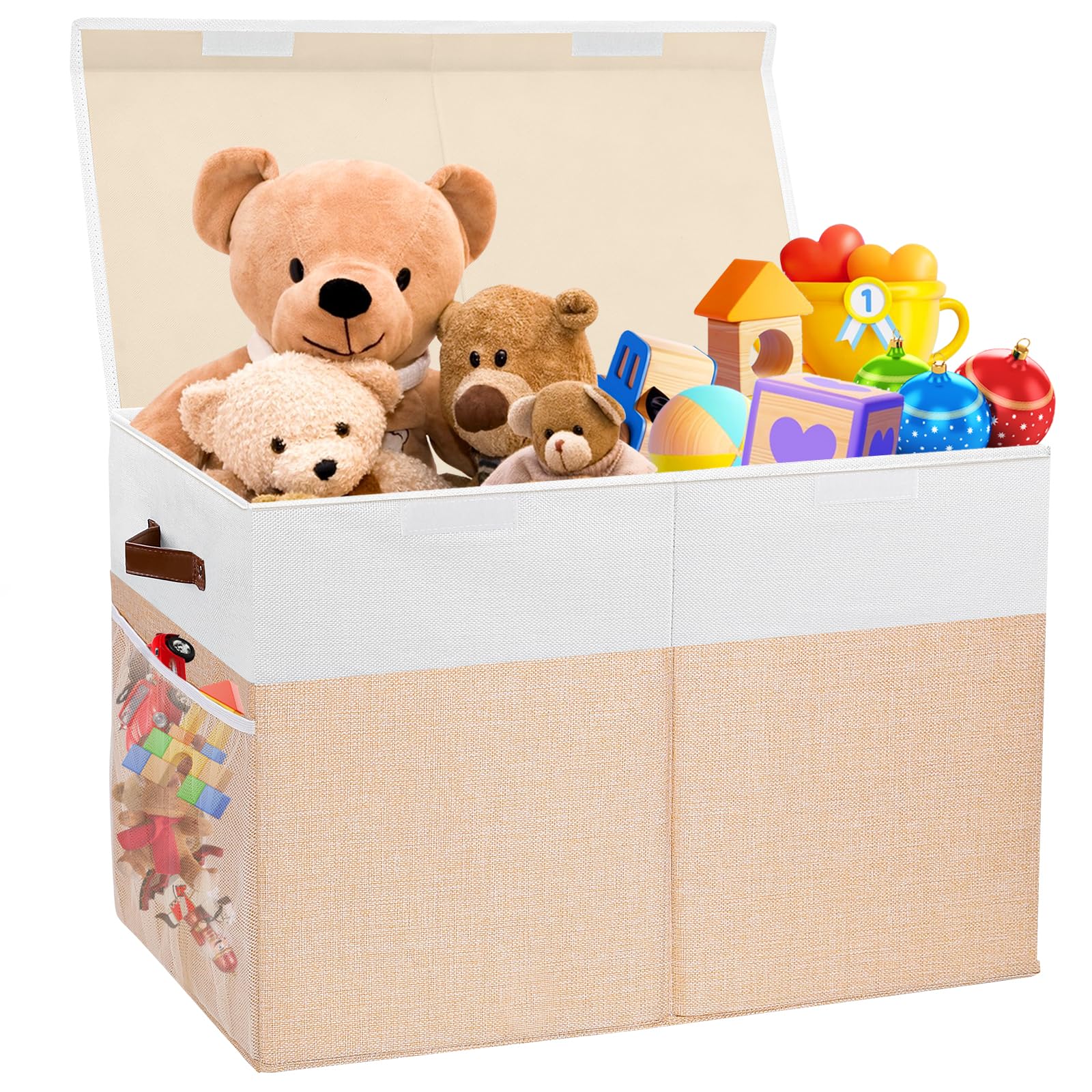 Mabahoo large toy storage box with lid, beige and white, for tidy playroom organization.