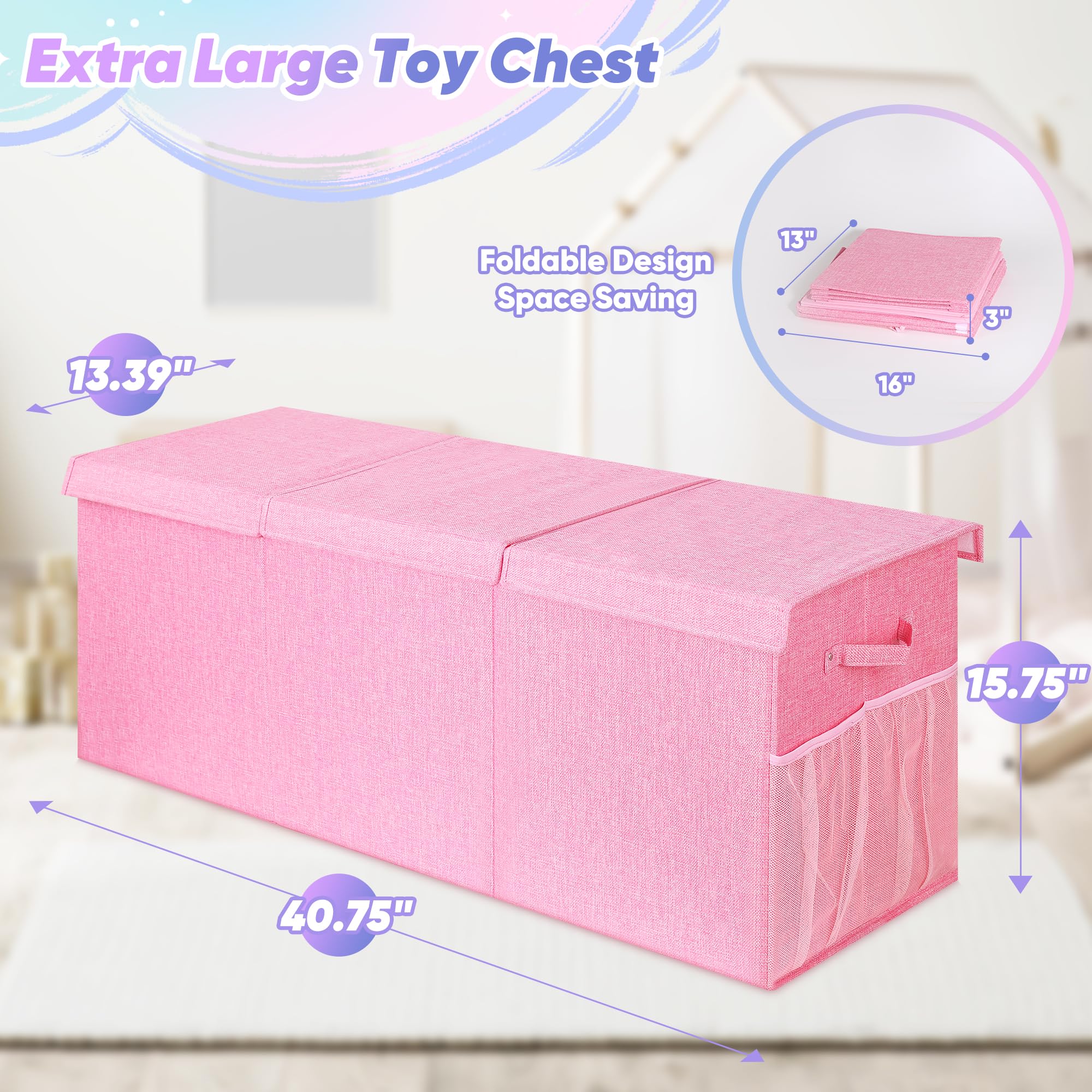 Mabahoo pink toy box with lid keeps clutter neatly hidden in nursery.