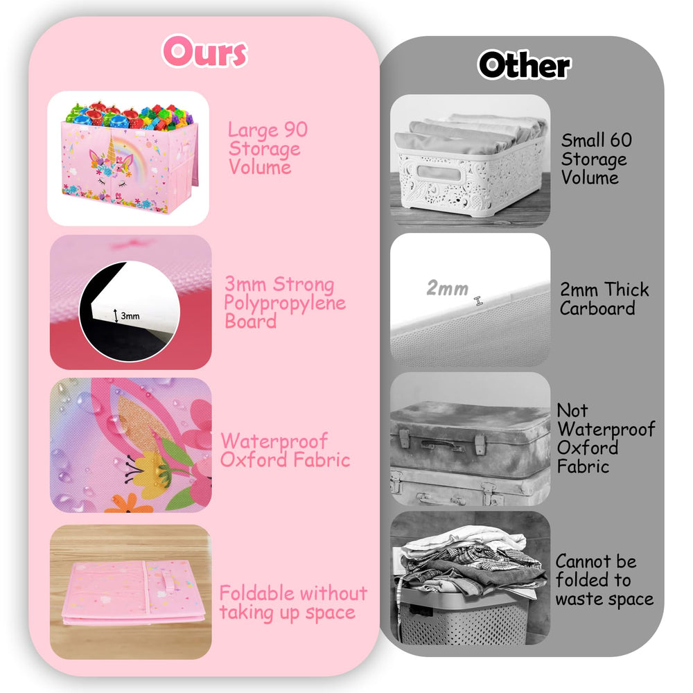 Mabahoo pink toy box adds color while reducing clutter in nursery.