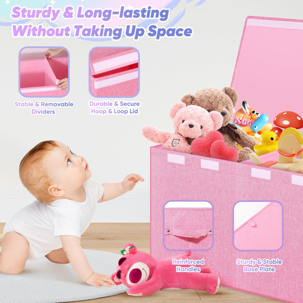 Mabahoo sturdy fabric toy box with rivet-reinforced handles for easy moving.