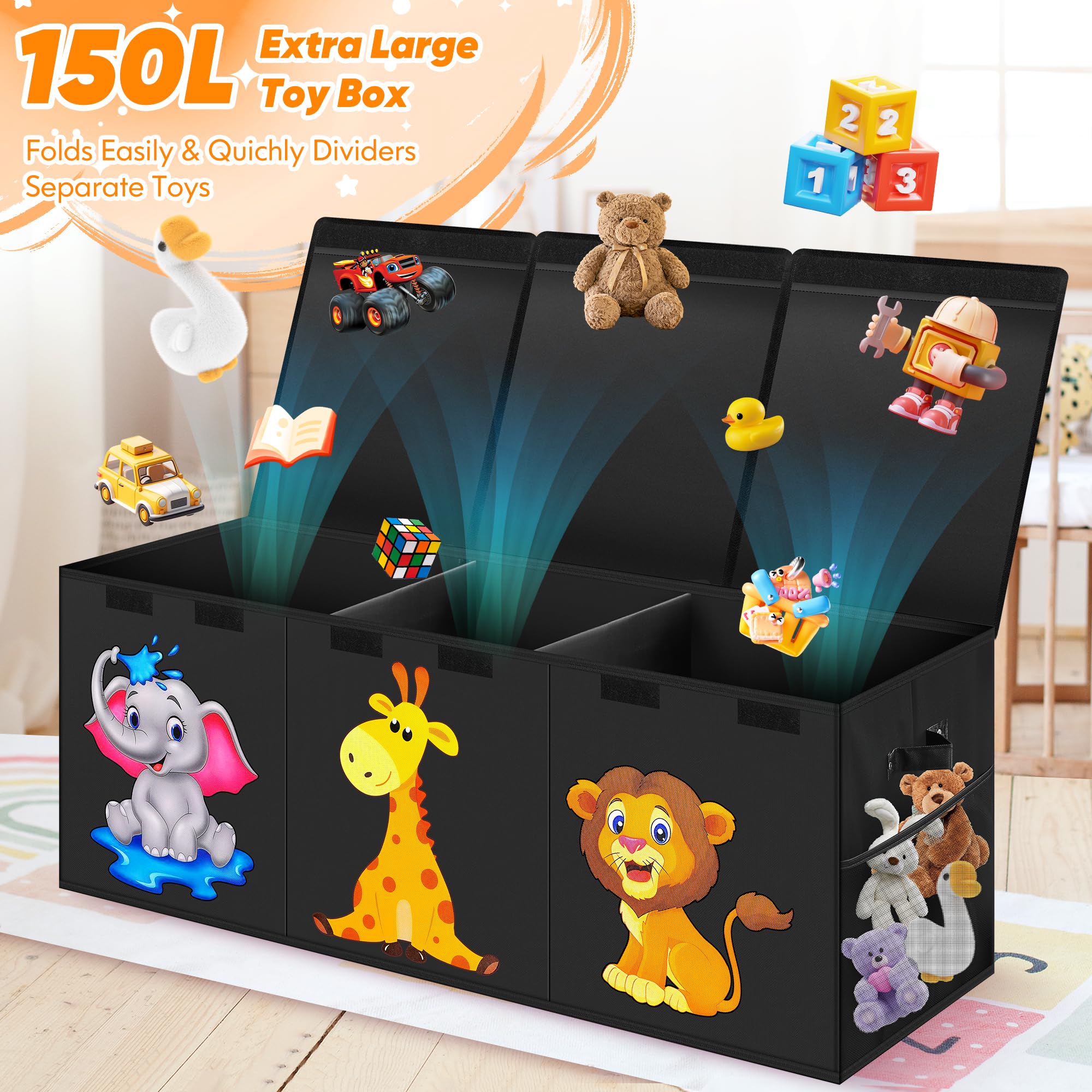 Mabahoo toy box with cute animal pattern helps keep toys organized.