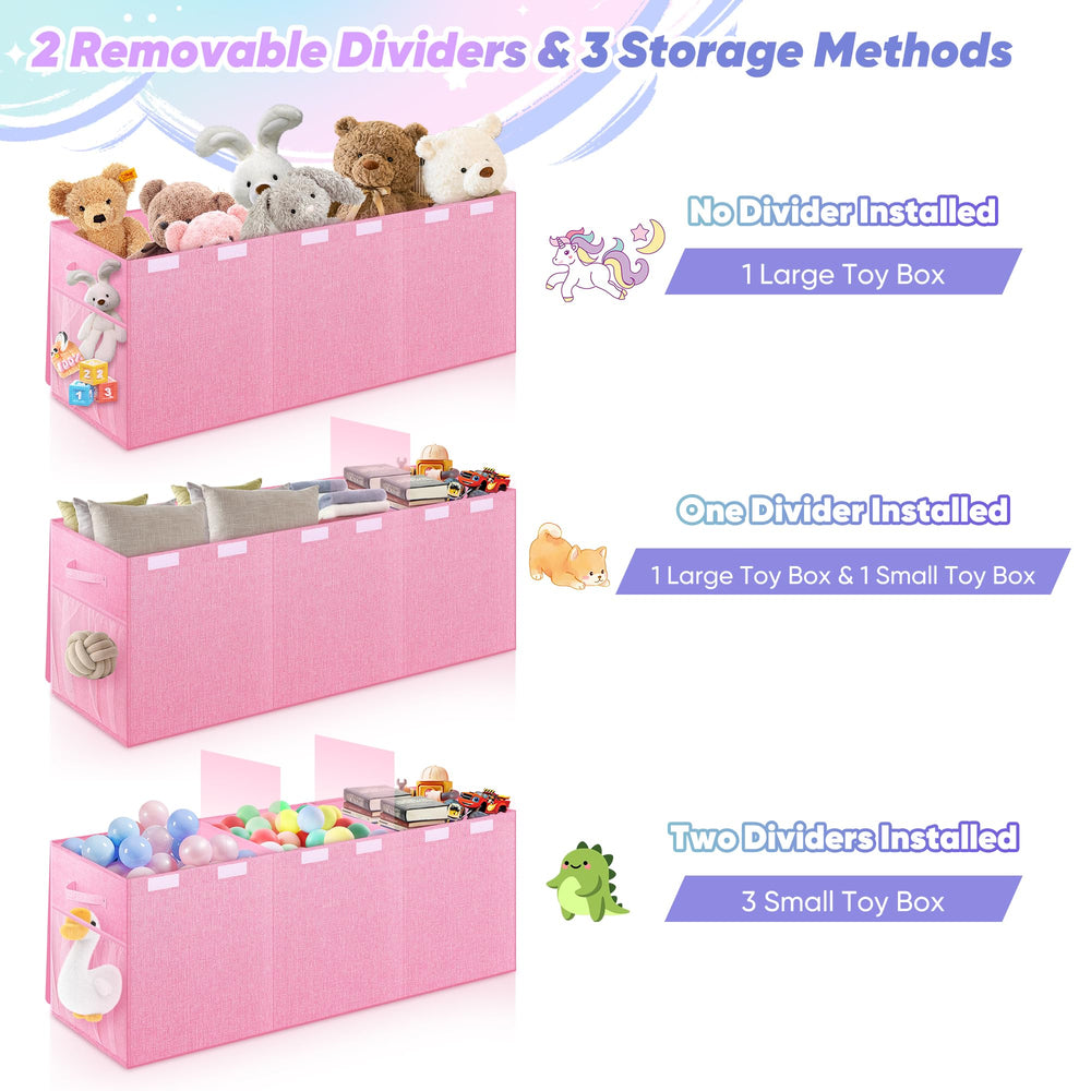 Mabahoo toy box features mesh pockets for easy access to small accessories.