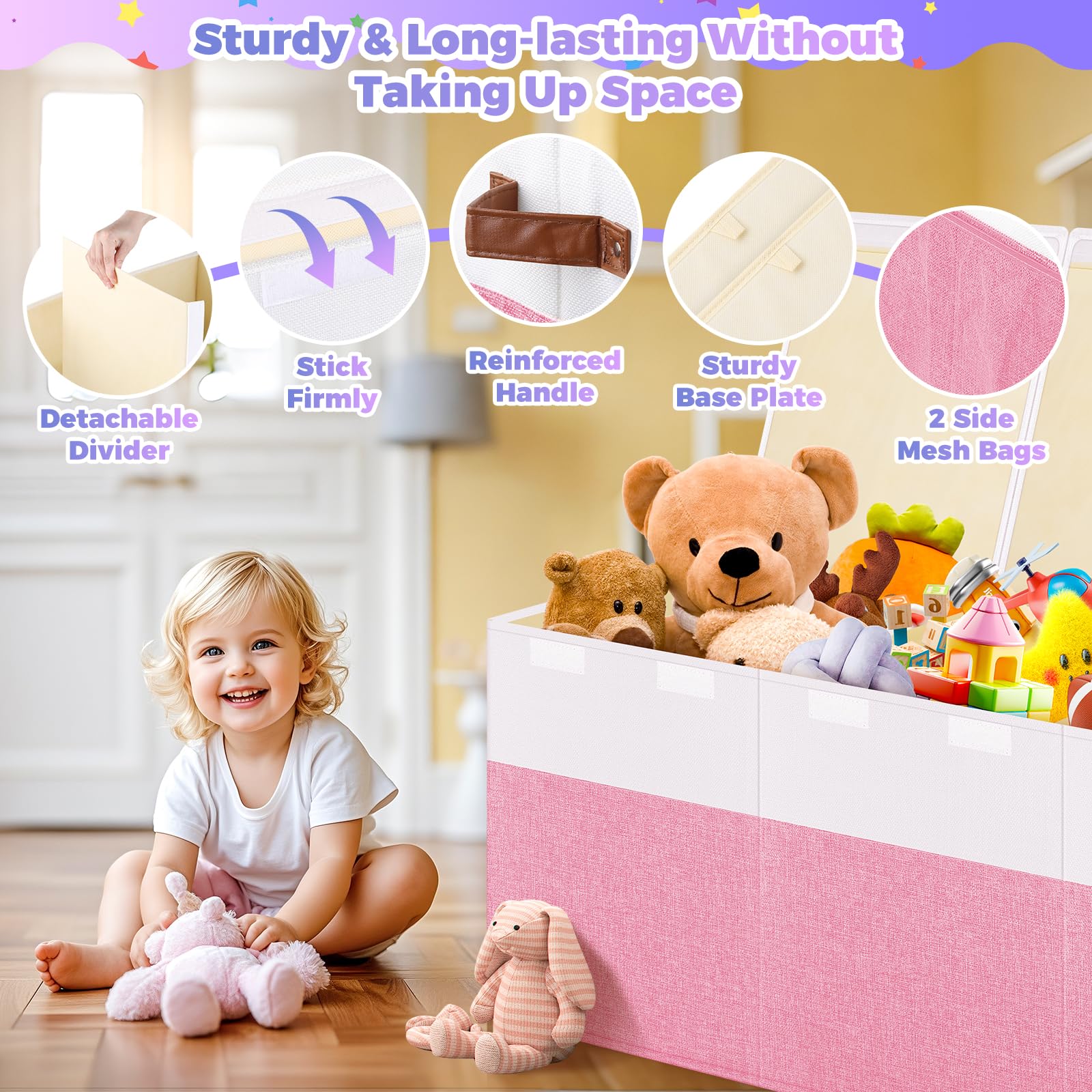 Mabahoo toy chest with removable dividers helps organize stuffed animals and blankets.