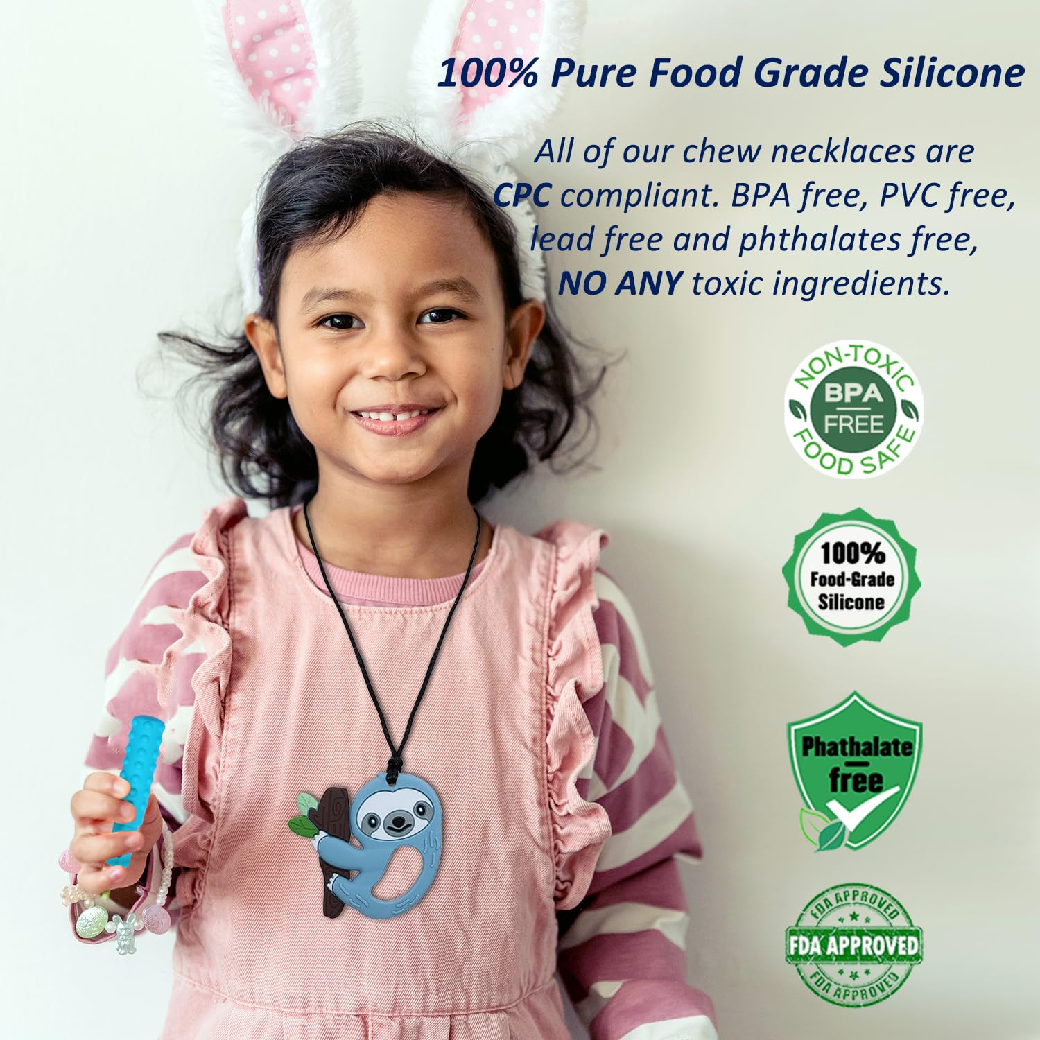 MaberryTech Direct chew necklace with Shark Tooth pendant aids sensory calm during tasks.