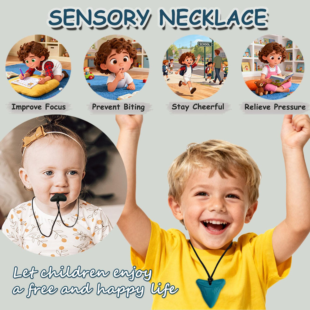MaberryTech Direct chew necklace varieties on display with multiple shapes