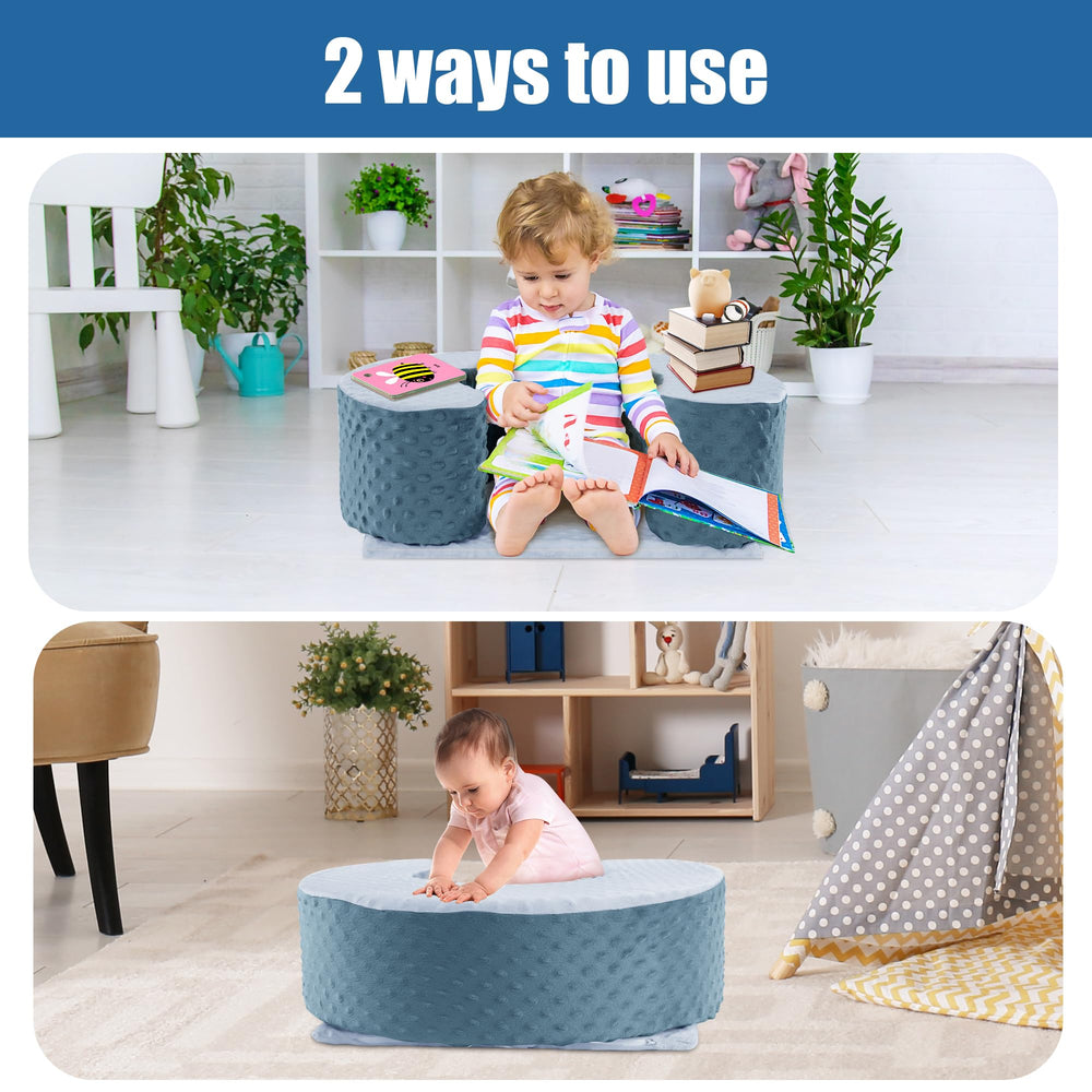 MABOZOO Sit Up Pillow blue in-use on floor helps babies learn sitting.