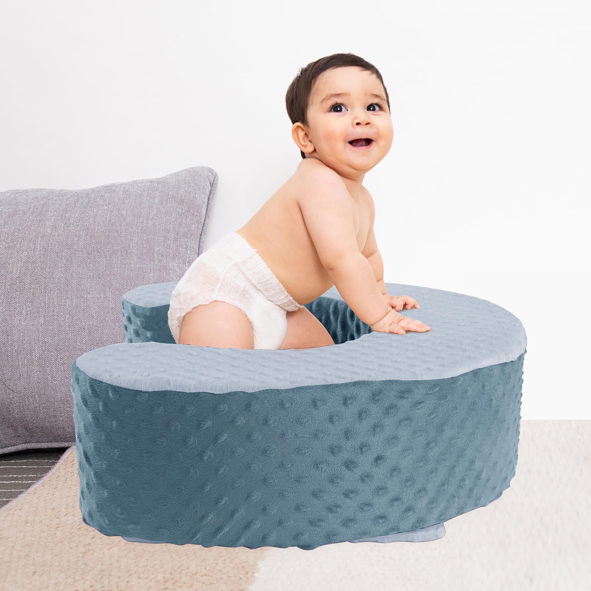 MABOZOO blue sit-up pillow in use on floor during playtime.