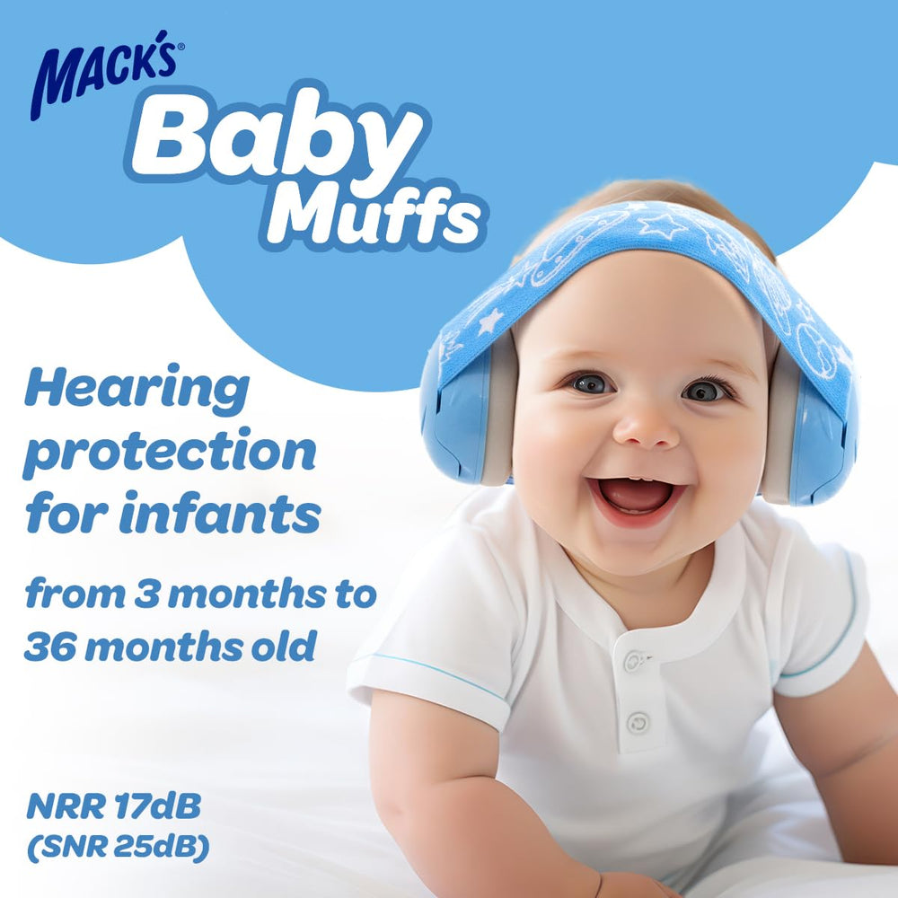 Mack's Baby Muffs worn by a baby, offering comfortable protection at a crowded event.