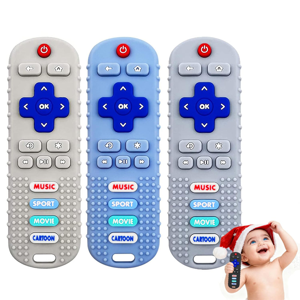 MACLUD teether remote trio beige close-up, easy grip for soothing teething.