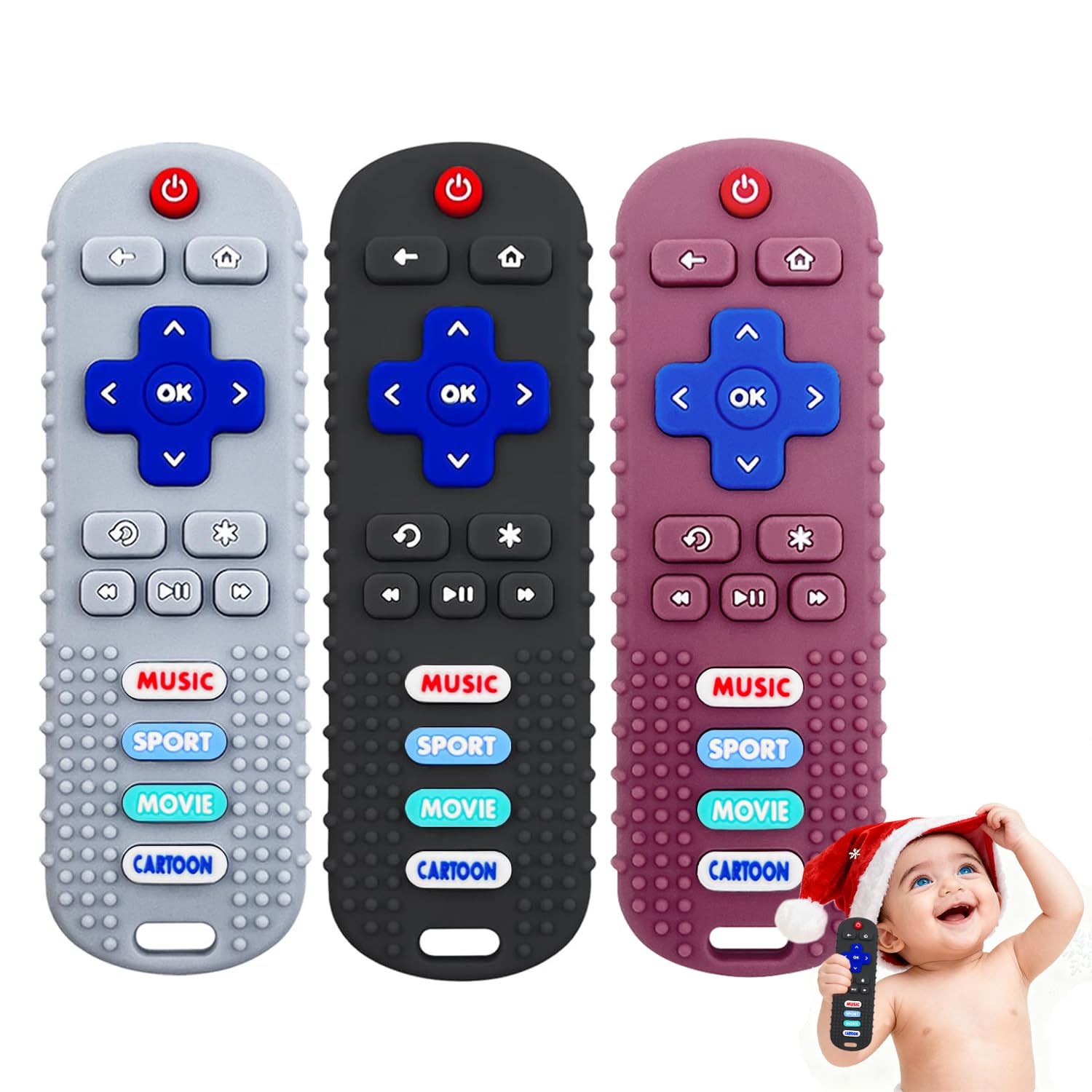 MACLUD teething remote silicone toy in black, easy-grip for tiny hands.