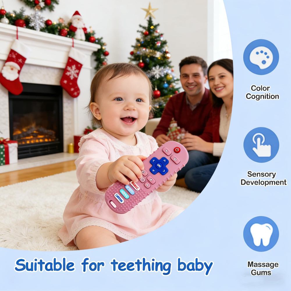MACLUD teething remote silicone toy in black, soft surface for gentle gum massage.