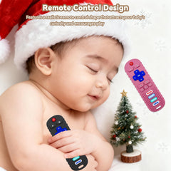 MACLUD teething remote silicone toy in deep red, easy-grip for small hands.