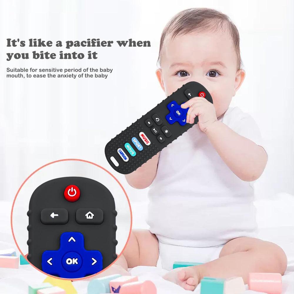 MACLUD teething remote silicone toy in gray, a thoughtful baby gift for teething.