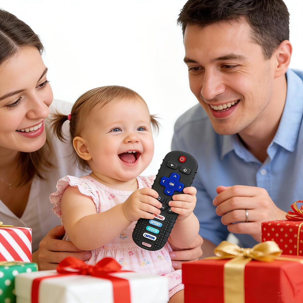 MACLUD teething remote silicone toy in gray, easy-to-clean design for busy parents.