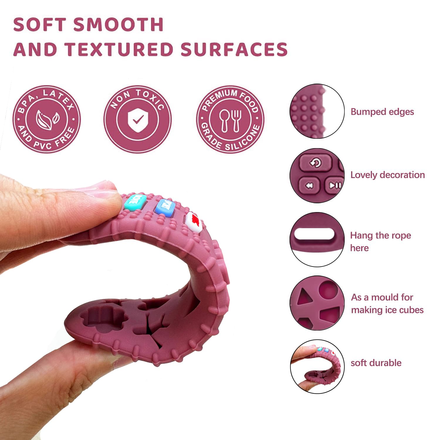 MACLUD teething remote silicone toy in gray, freezer-friendly for cool teething relief.