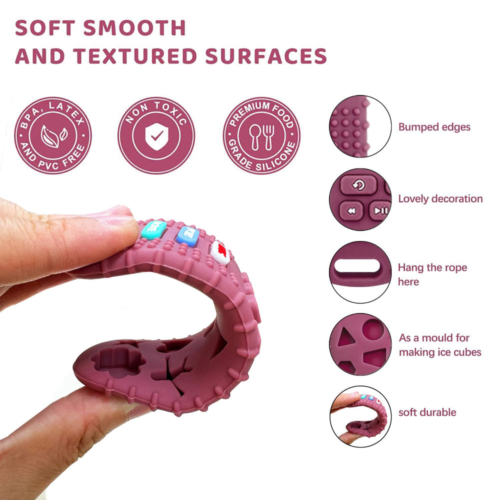 MACLUD teething remote silicone toy in gray, freezer-friendly for cool teething relief.