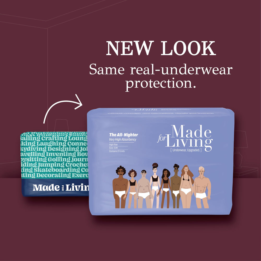 Made for Living overnight pull-ups shown in profile for discreet, reliable protection