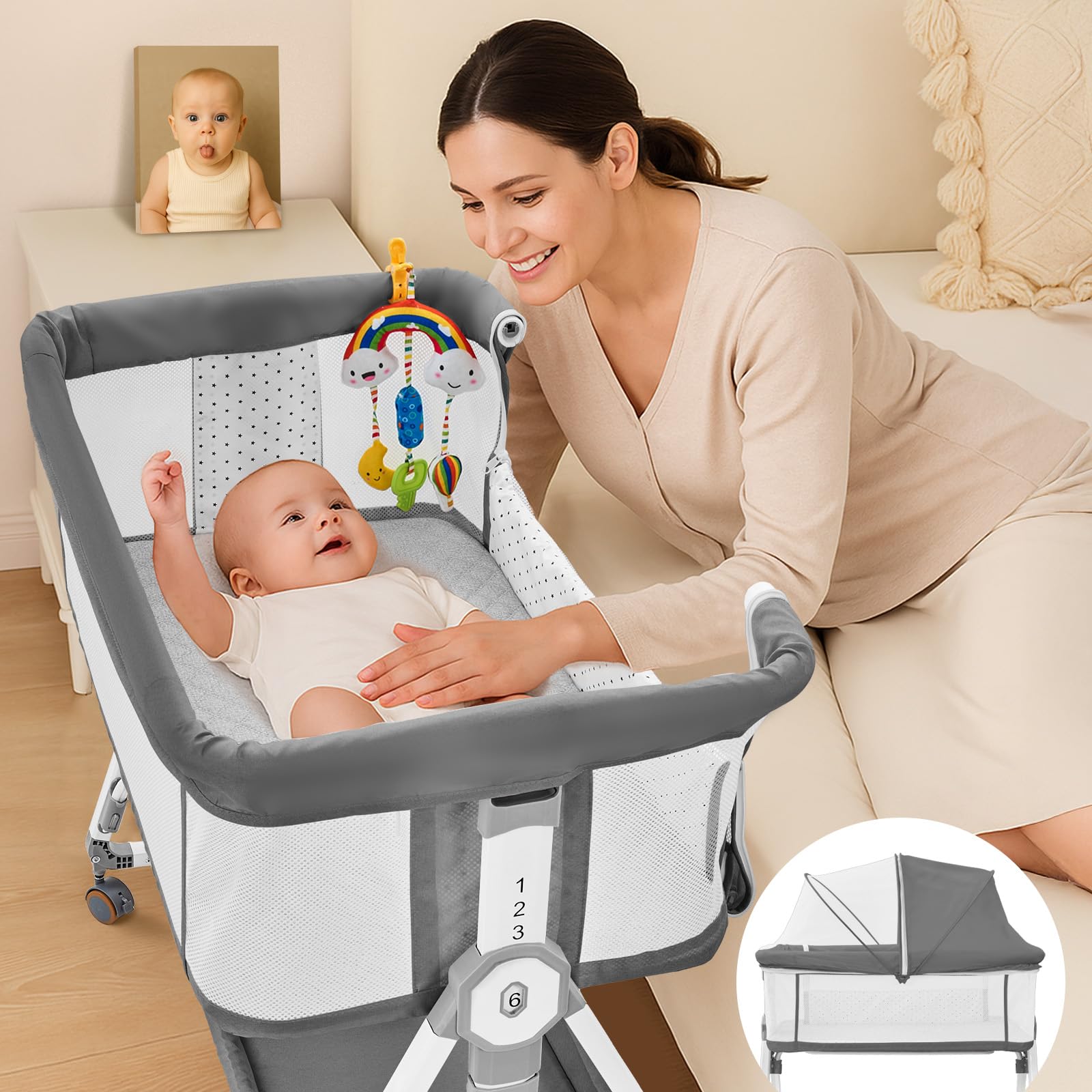 Madewell Living 4-in-1 bassinet beside-bed setup for easy nighttime access.