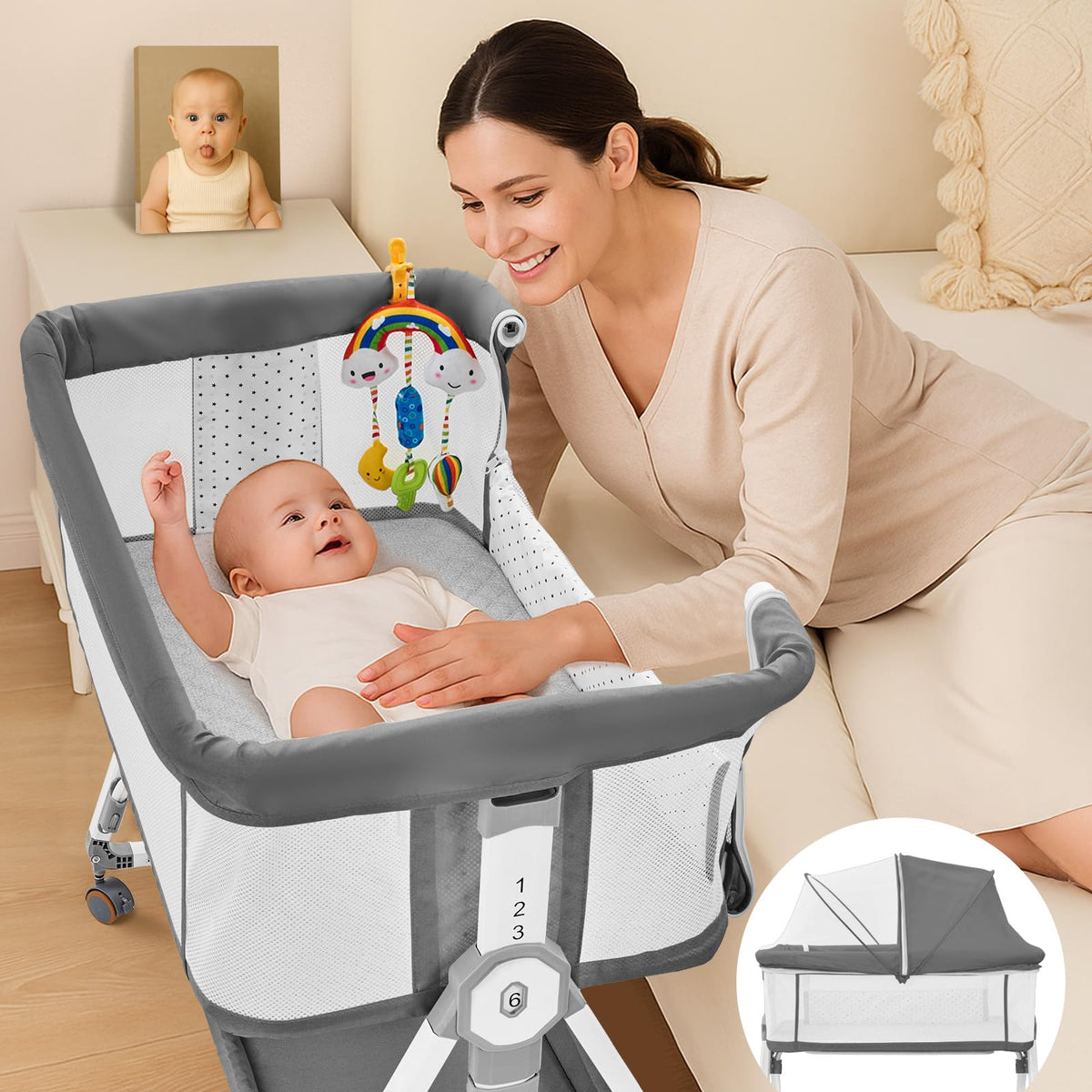 Madewell Living 4-in-1 bassinet beside-bed setup for easy nighttime access.
