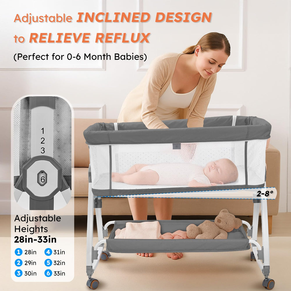 Six-height adjustable bassinet aligns with most bed frames for versatile positioning.