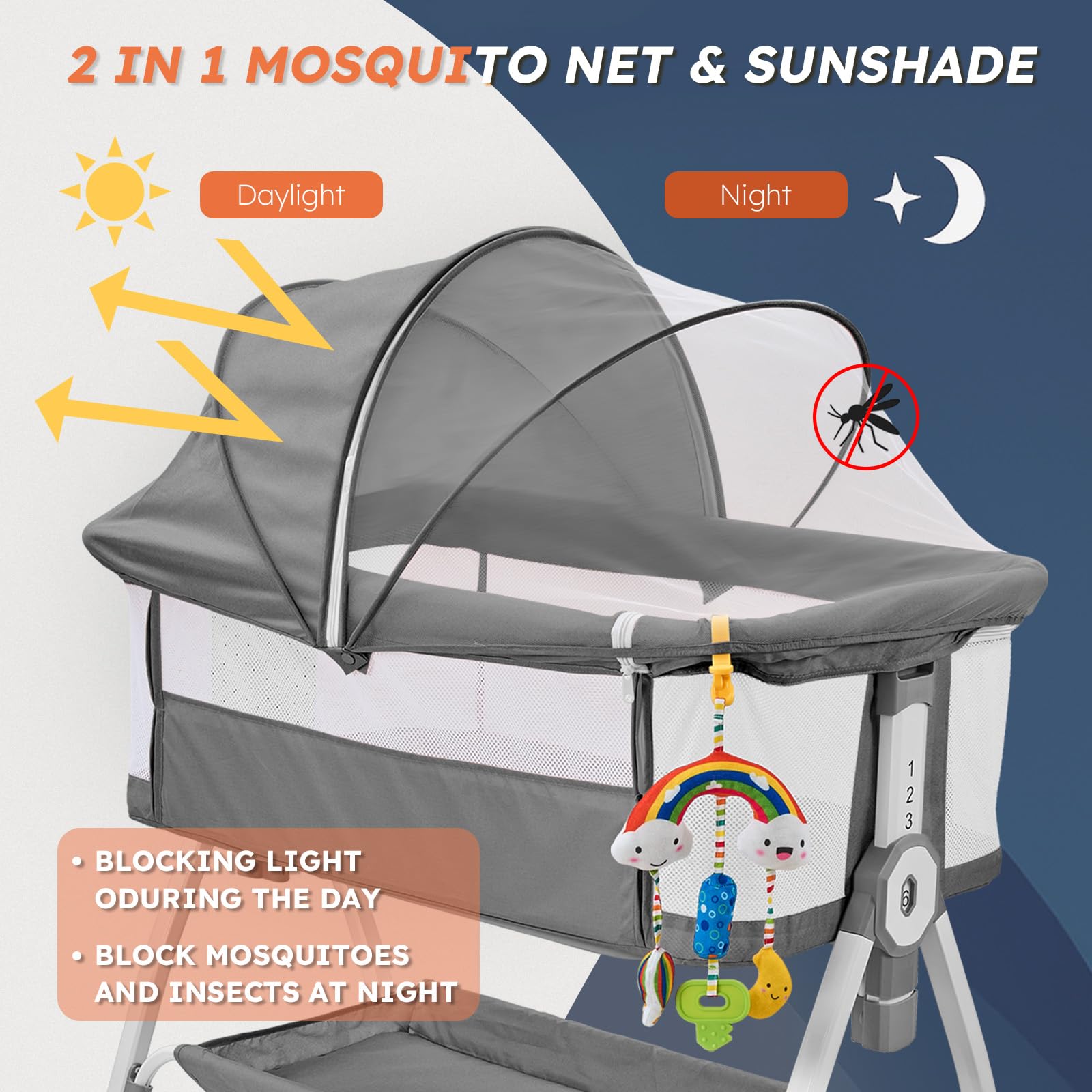 Light-blocking mosquito net shields bright light and insects during naps.