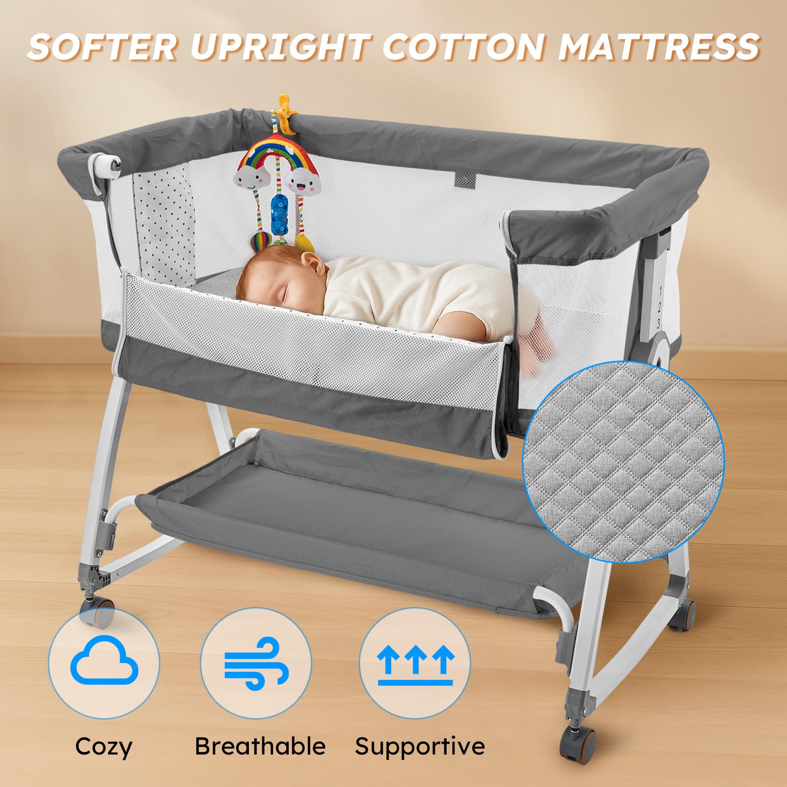 Detachable soothing toy promotes grasping and calm moments for baby.