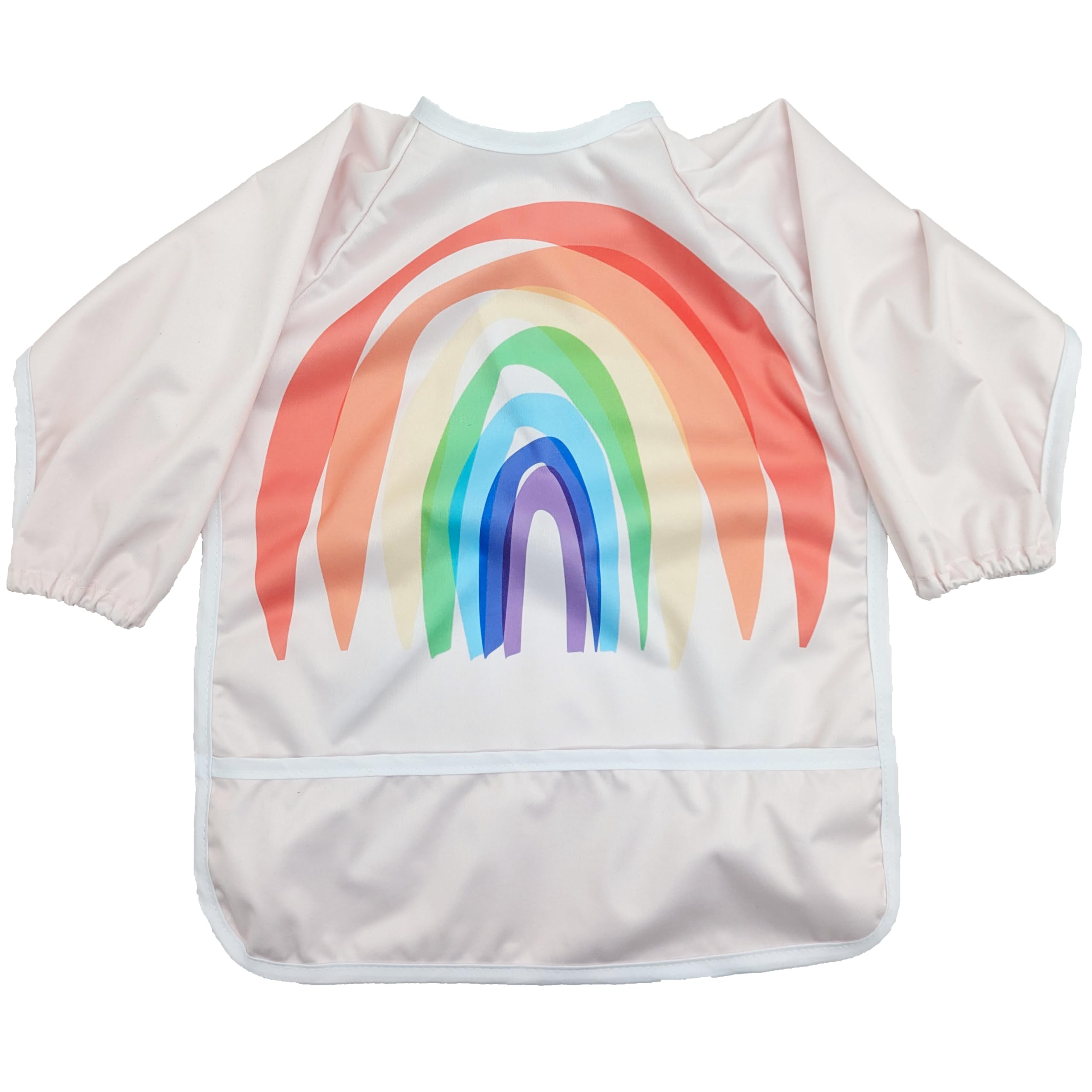 Madrona Brands Happy Rainbow bib with full sleeves protects outfits during meals.