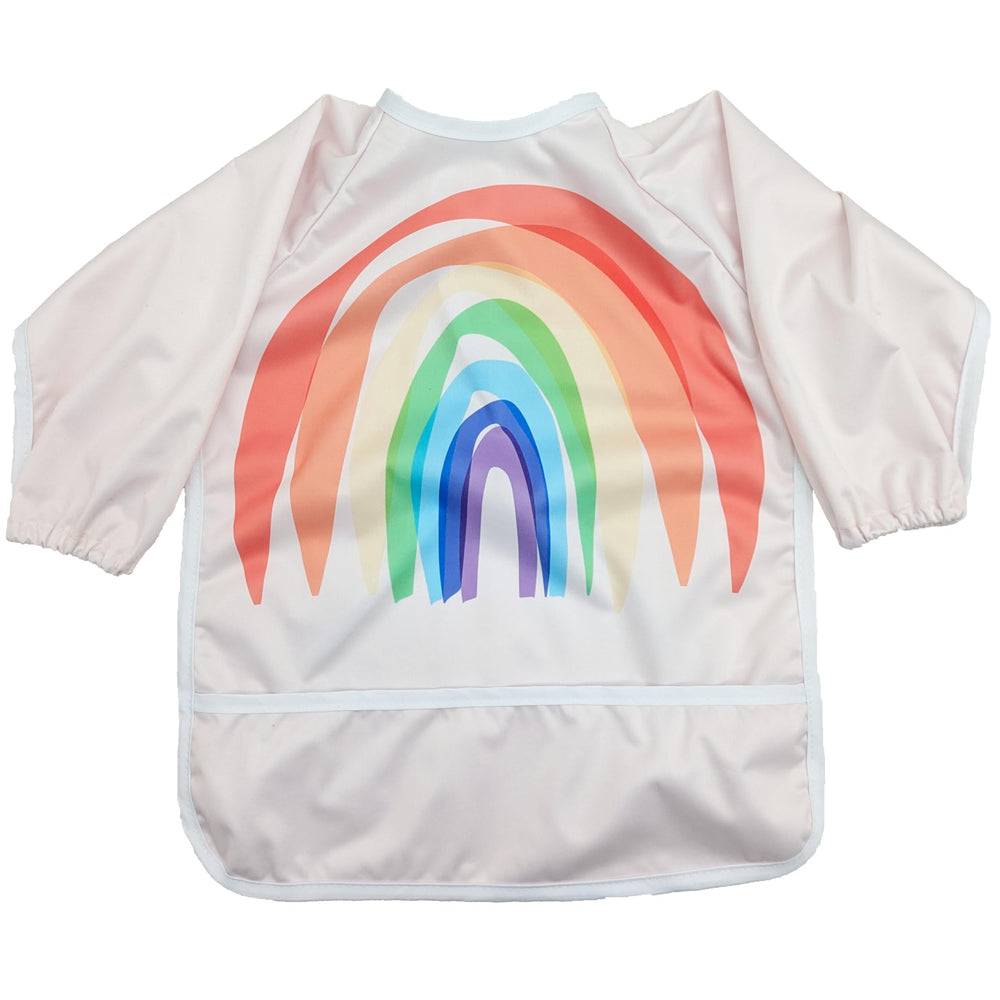 Madrona Brands Happy Rainbow bib with full sleeves protects outfits during meals.