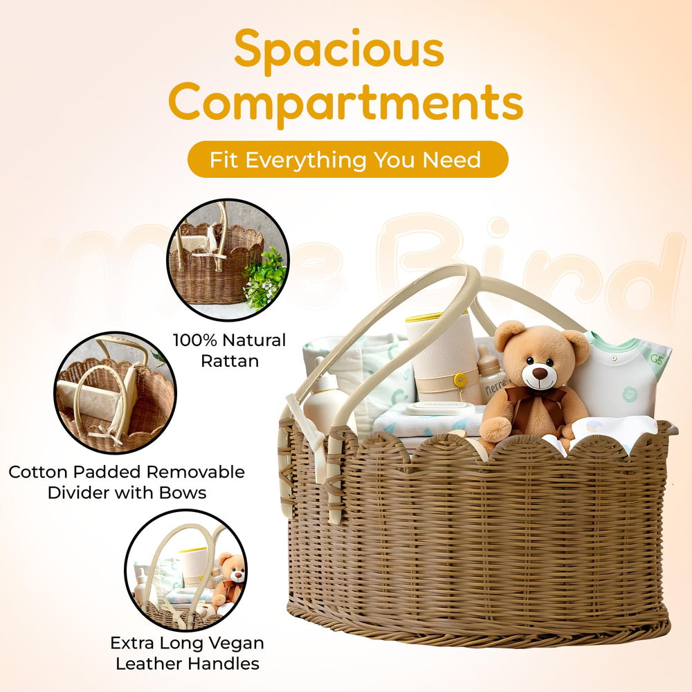 Mae Bird rattan diaper caddy with handles on a changing station for quick access.