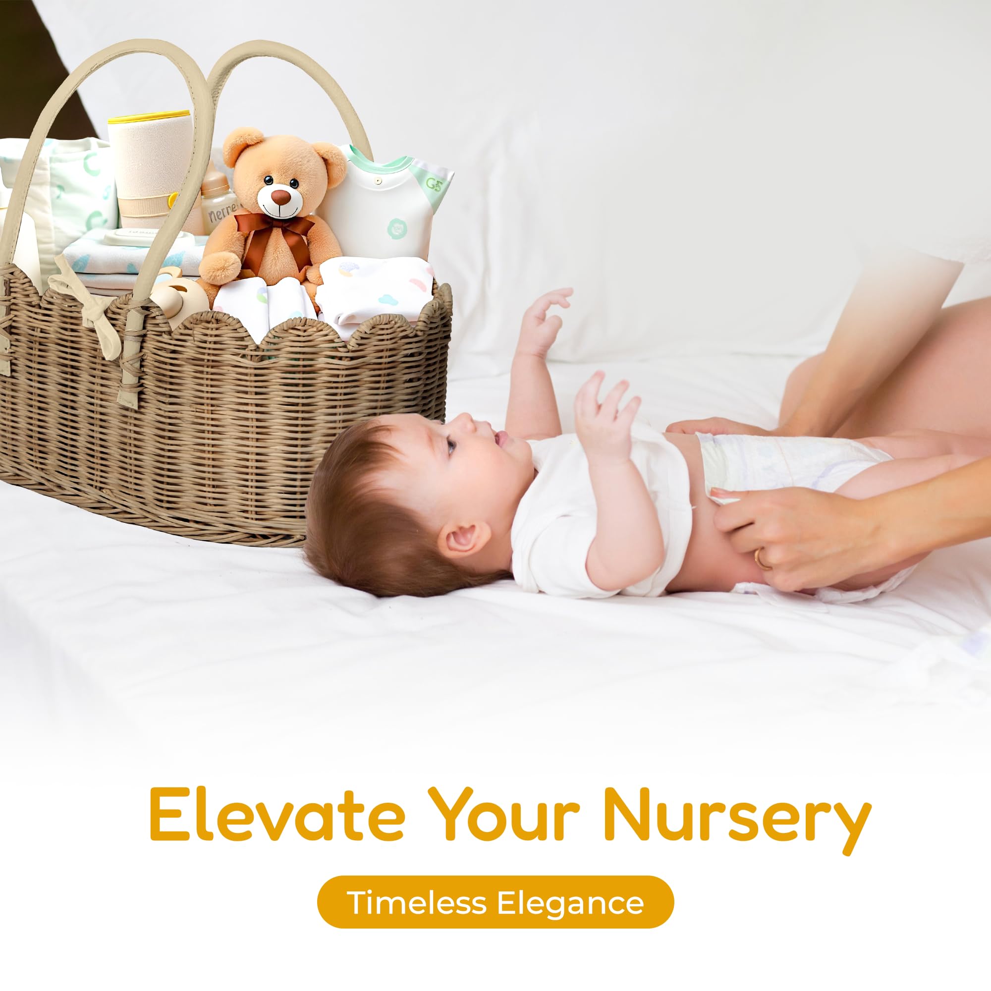 Mae Bird rattan diaper caddy in use with diapers, wipes, and pacifiers for easy reach.