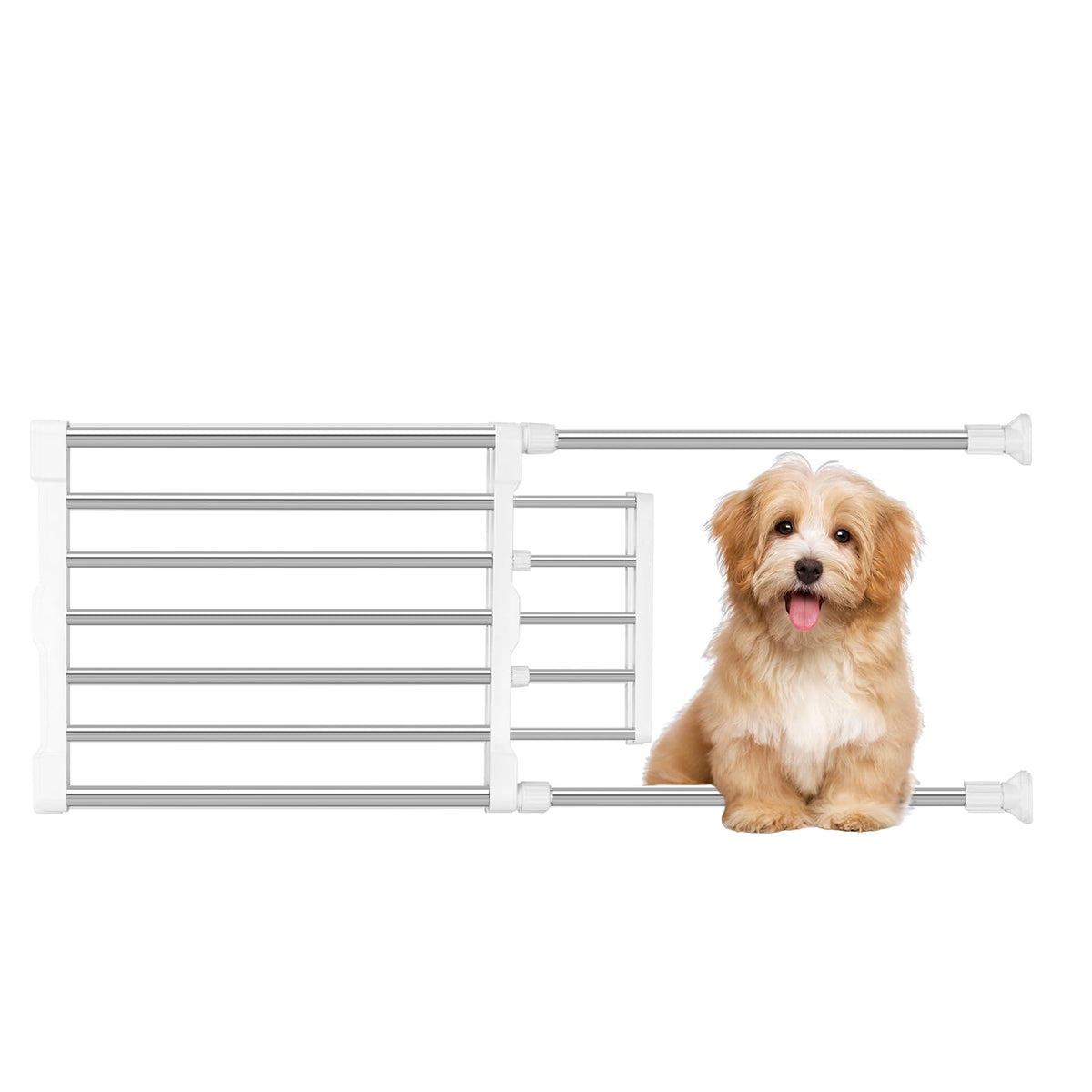 Maerd short dog gate in doorway, retractable width for flexible openings.