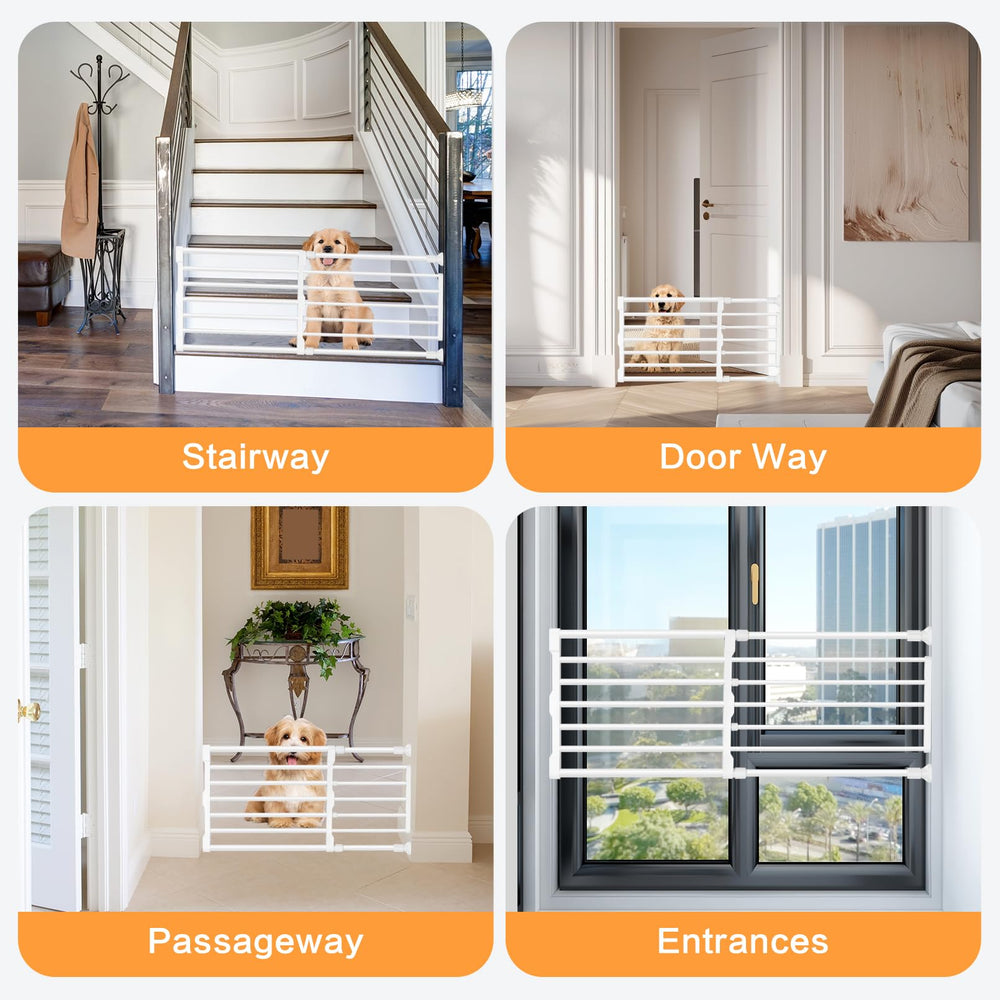 Maerd white gate in doorway, compact and easy to install.