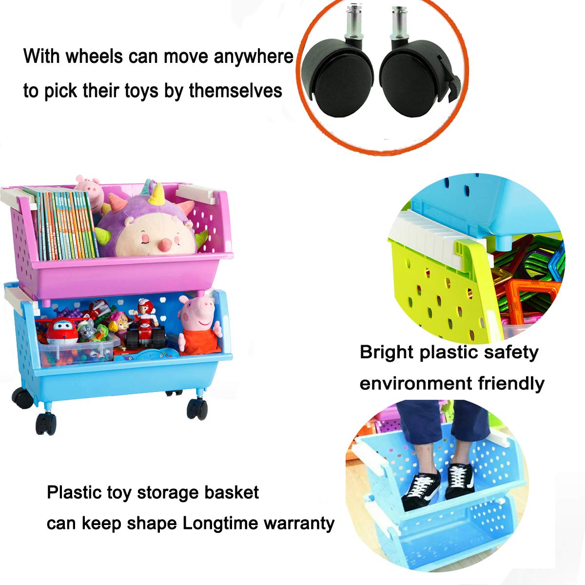 MAGDESIGNER six-basket organizer with wheels keeps toys ready to play.