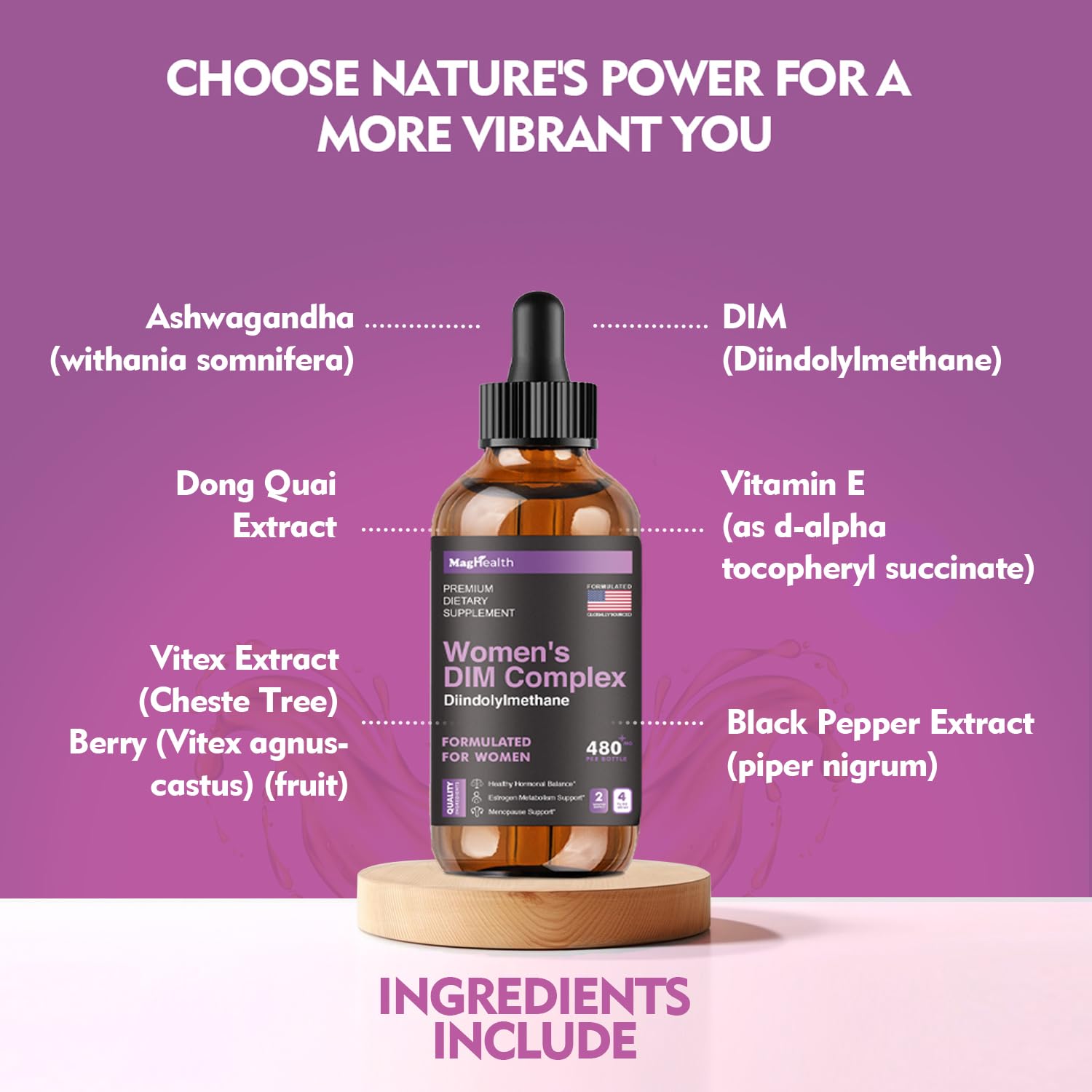 MagHealth DIM liquid bottle pour indicating fast absorption potential.