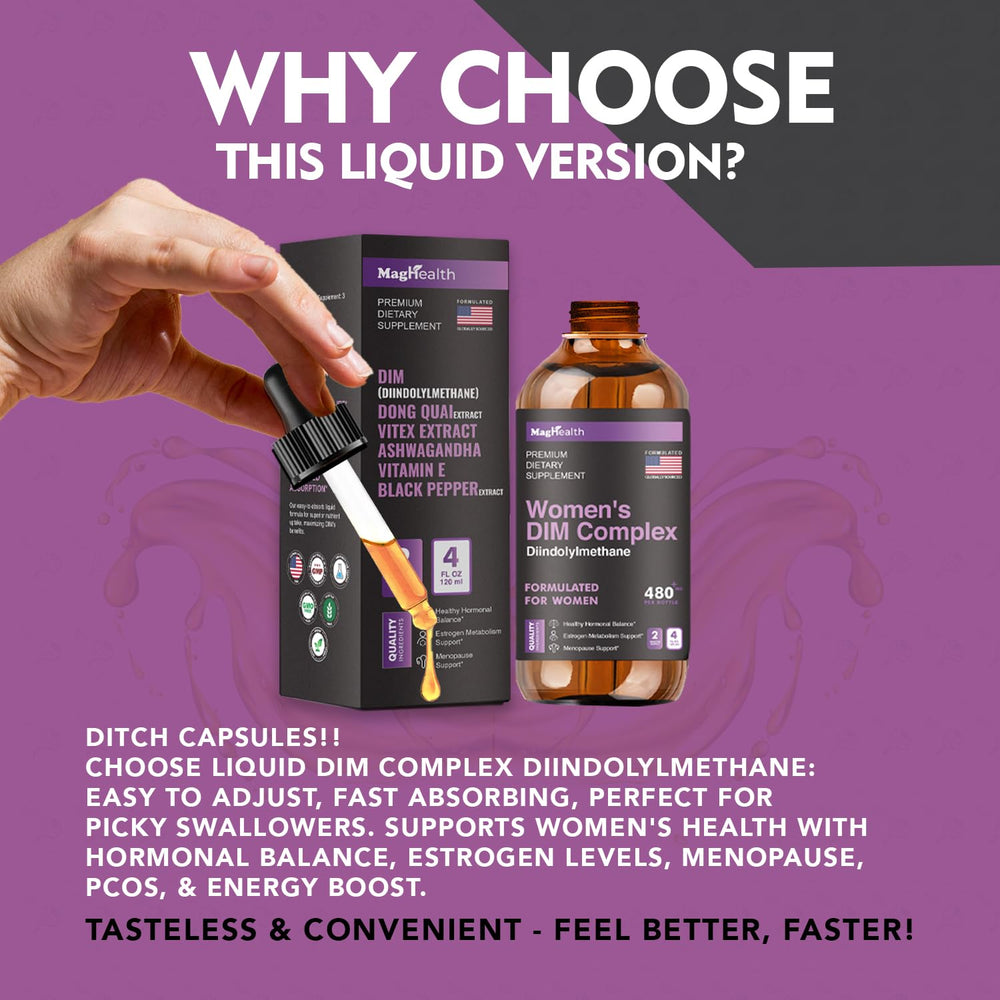 MagHealth DIM bottle highlights Vitamin E and balance ingredients.