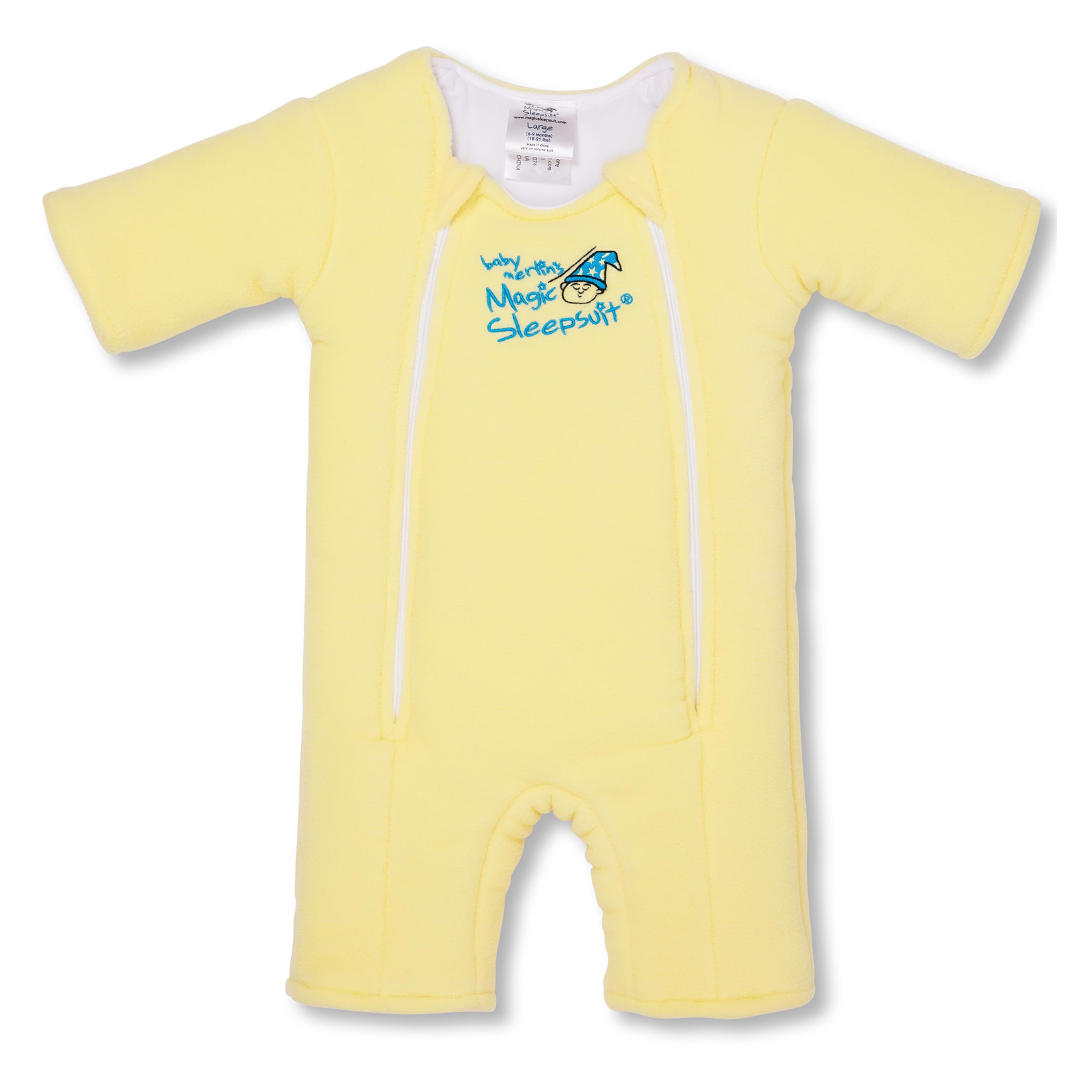 Magic Sleepsuit Baby Merlin's Microfleece front view in yellow for a cozy swaddle transition.