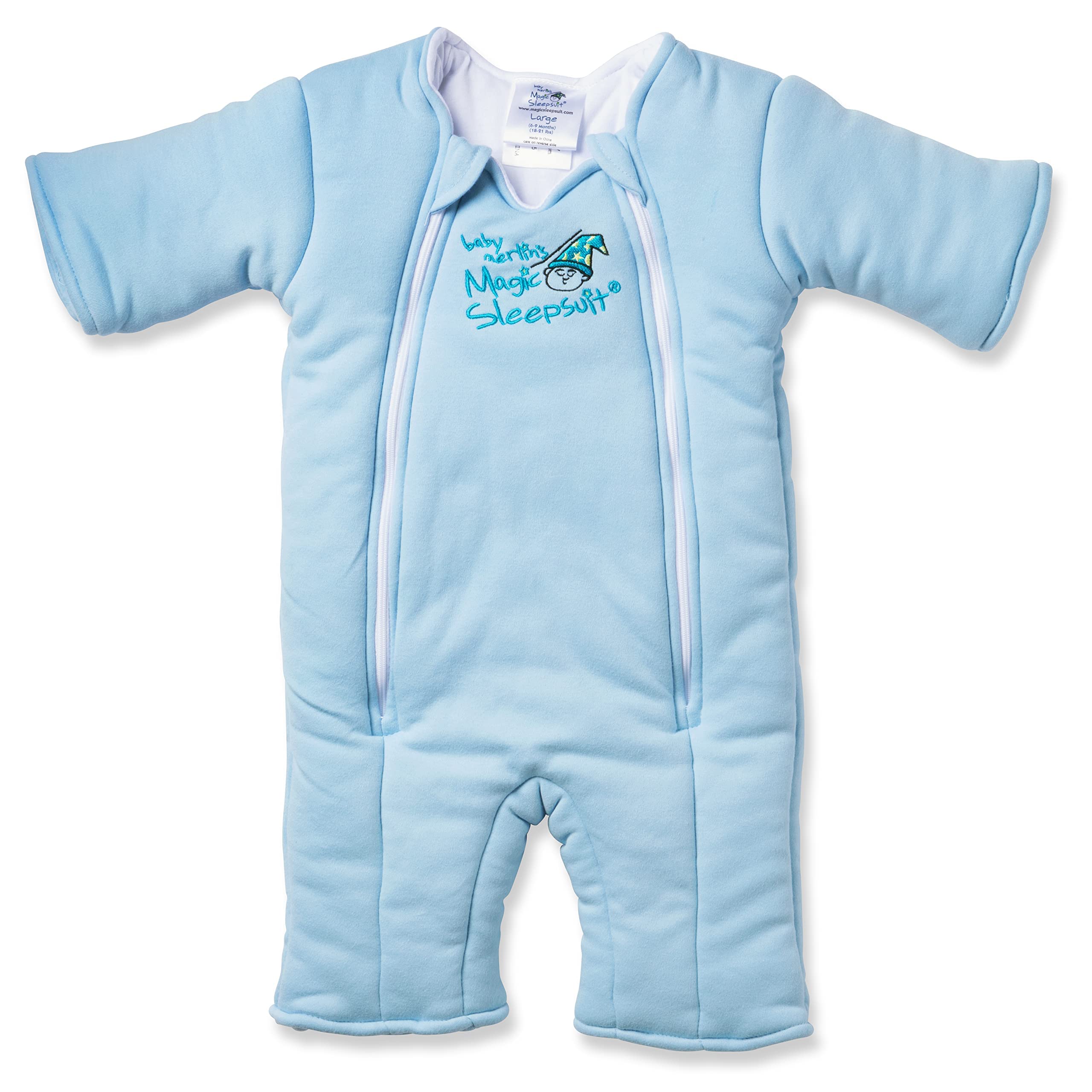 Magic Sleepsuit Merlin’s cotton transition swaddle in blue provides secure, calming sleep for 3–6 month olds.
