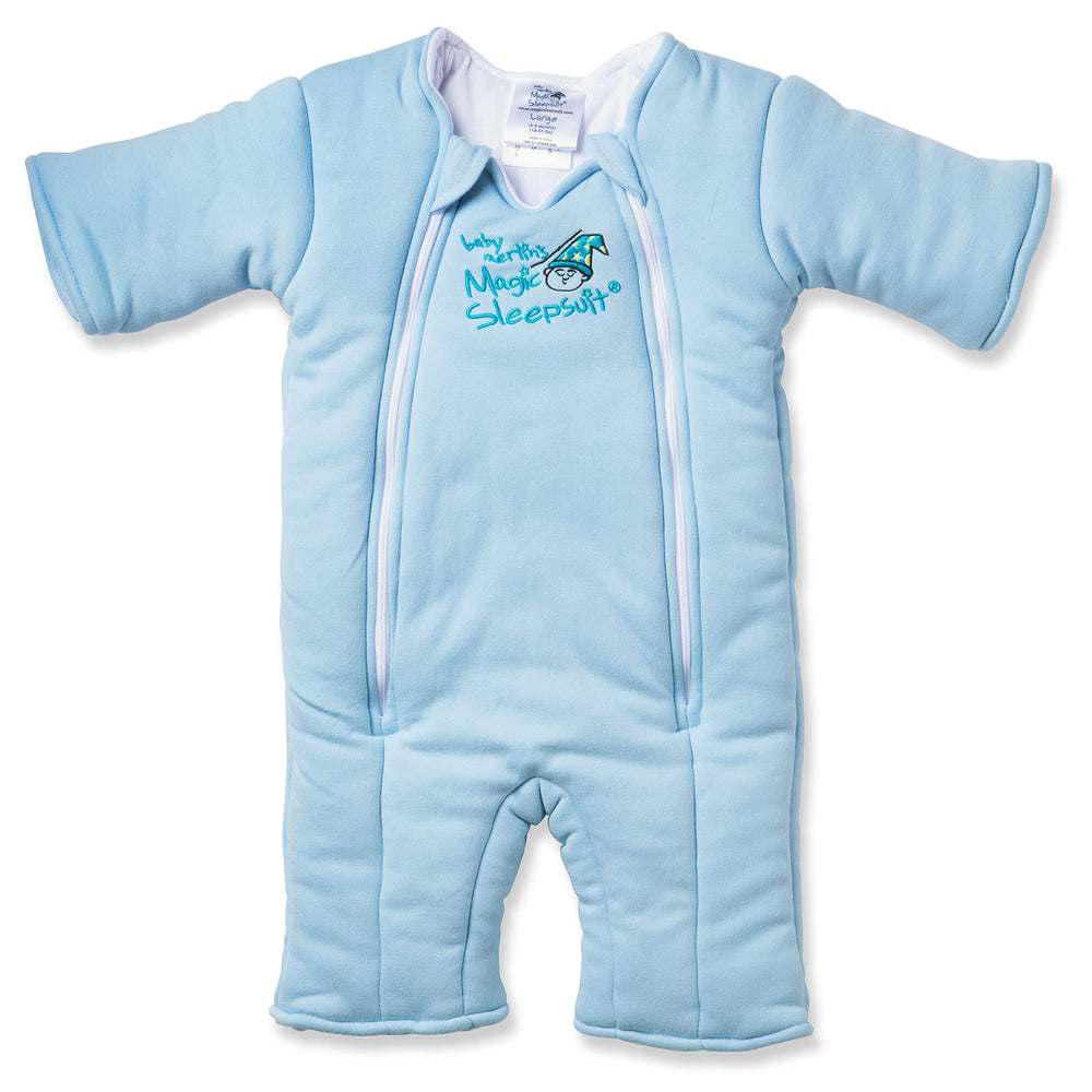 Magic Sleepsuit Merlin’s cotton transition swaddle in blue provides secure, calming sleep for 3–6 month olds.