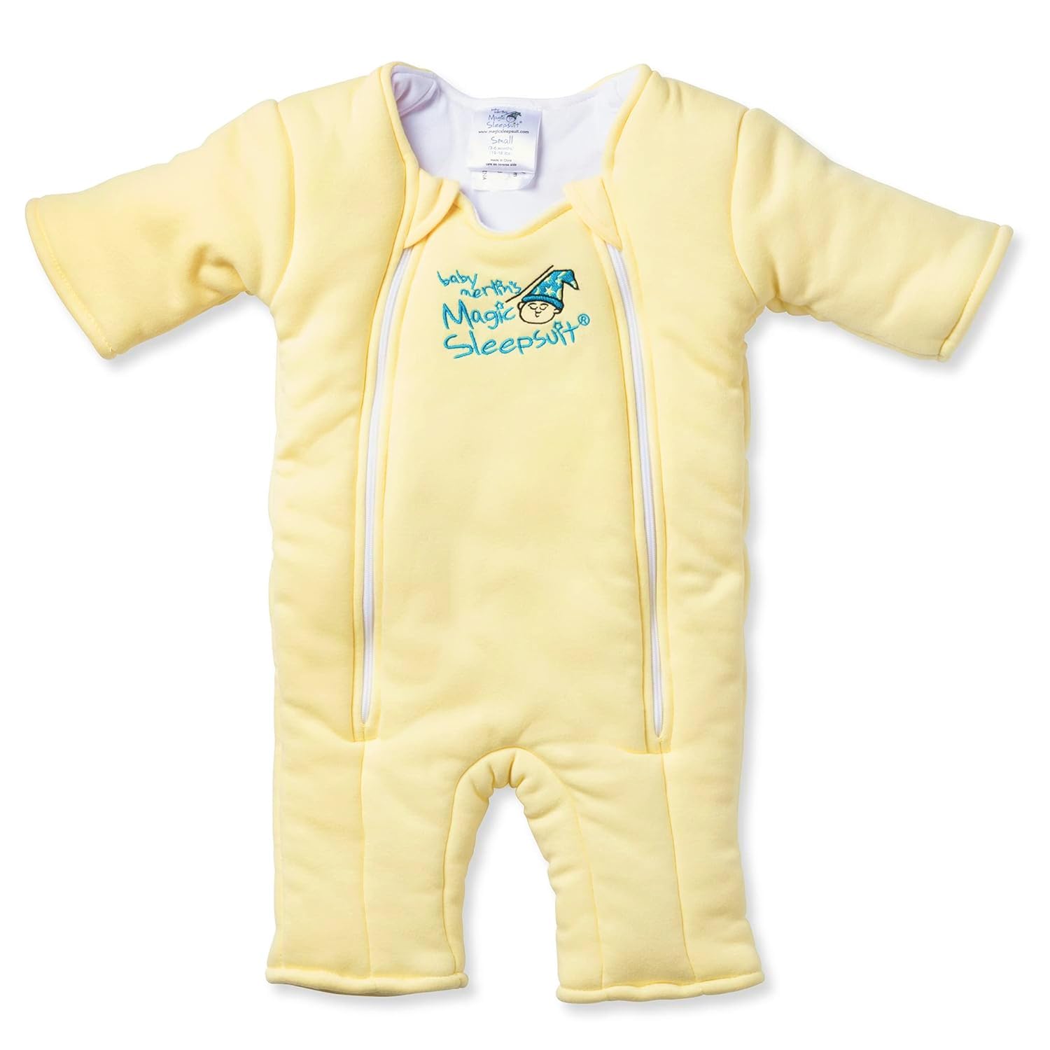 Magic Sleepsuit Merlin cotton swaddle transition in yellow aids a gentle transition for 3-6 month olds