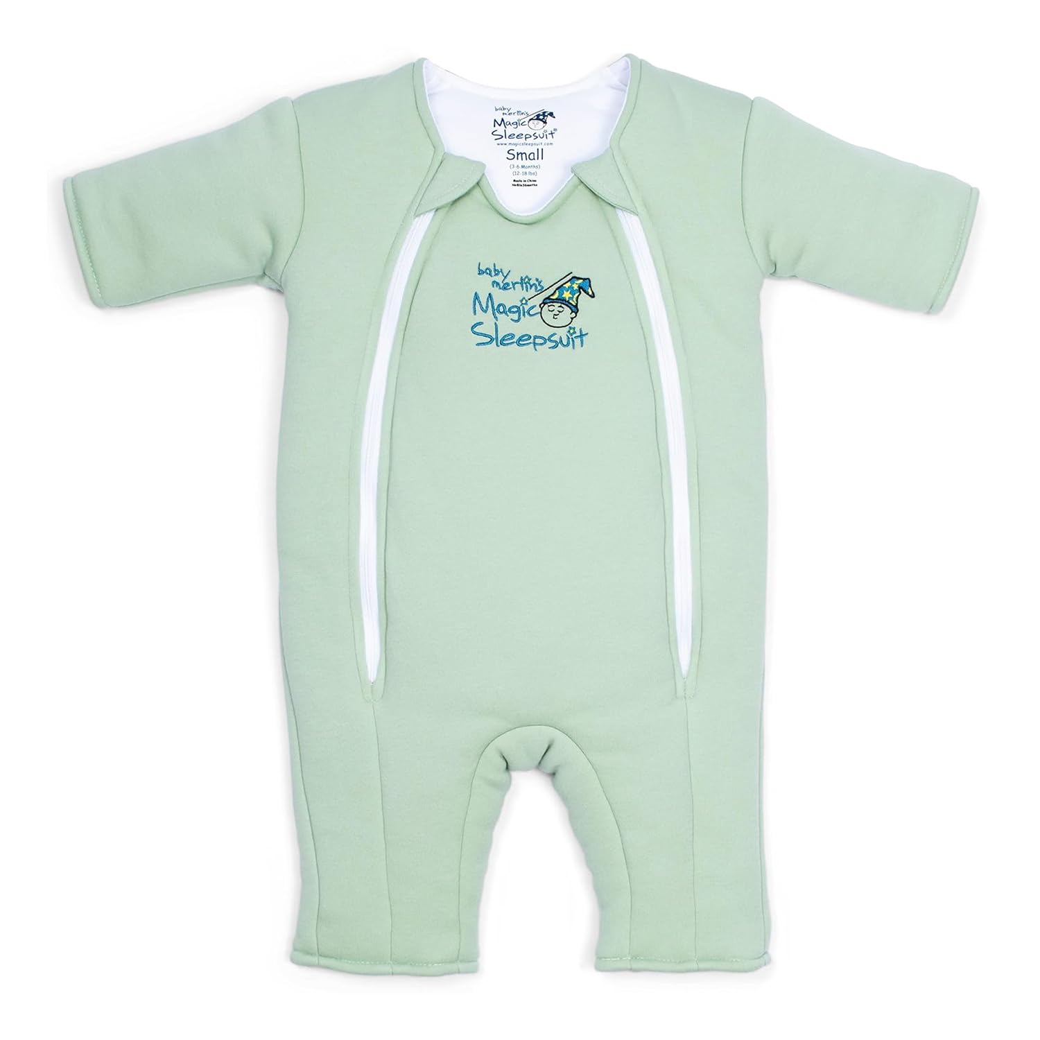 Magic Sleepsuit Merlin front view in sage green, showcasing cozy swaddle transition design.