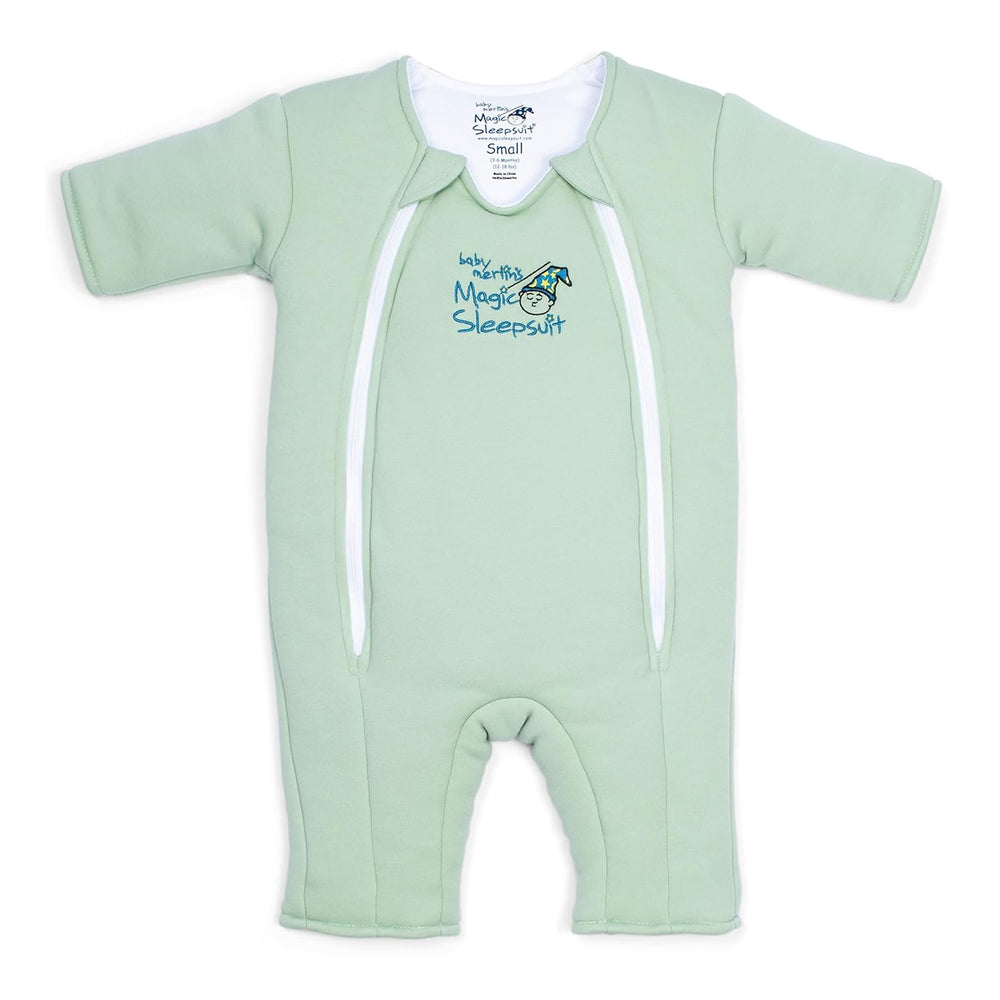 Magic Sleepsuit Merlin front view in sage green, showcasing cozy swaddle transition design.